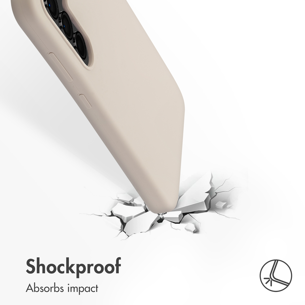 Ein beiges Smartphone mit Hülle schlägt auf harten Boden auf und bricht ihn, Symbol für Stoßfestigkeit.