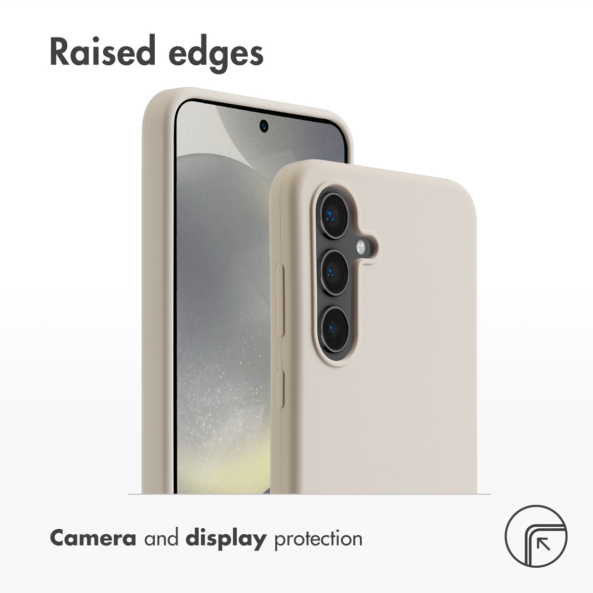 Beigefarbene Smartphone-Hülle mit erhöhten Kanten zum Schutz von Kamera und Display.