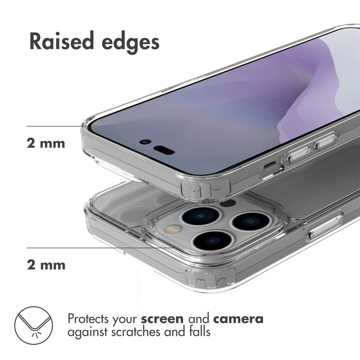 Un smartphone en una funda transparente con bordes elevados para proteger la pantalla y la cámara.