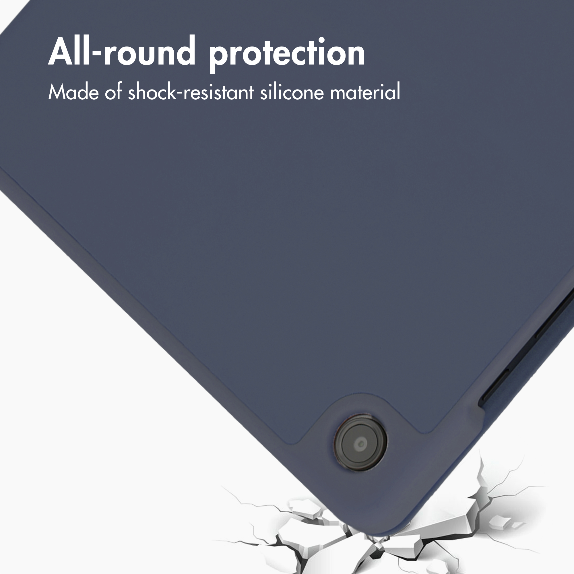 Dark blue tablet case with text and a crack graphic.