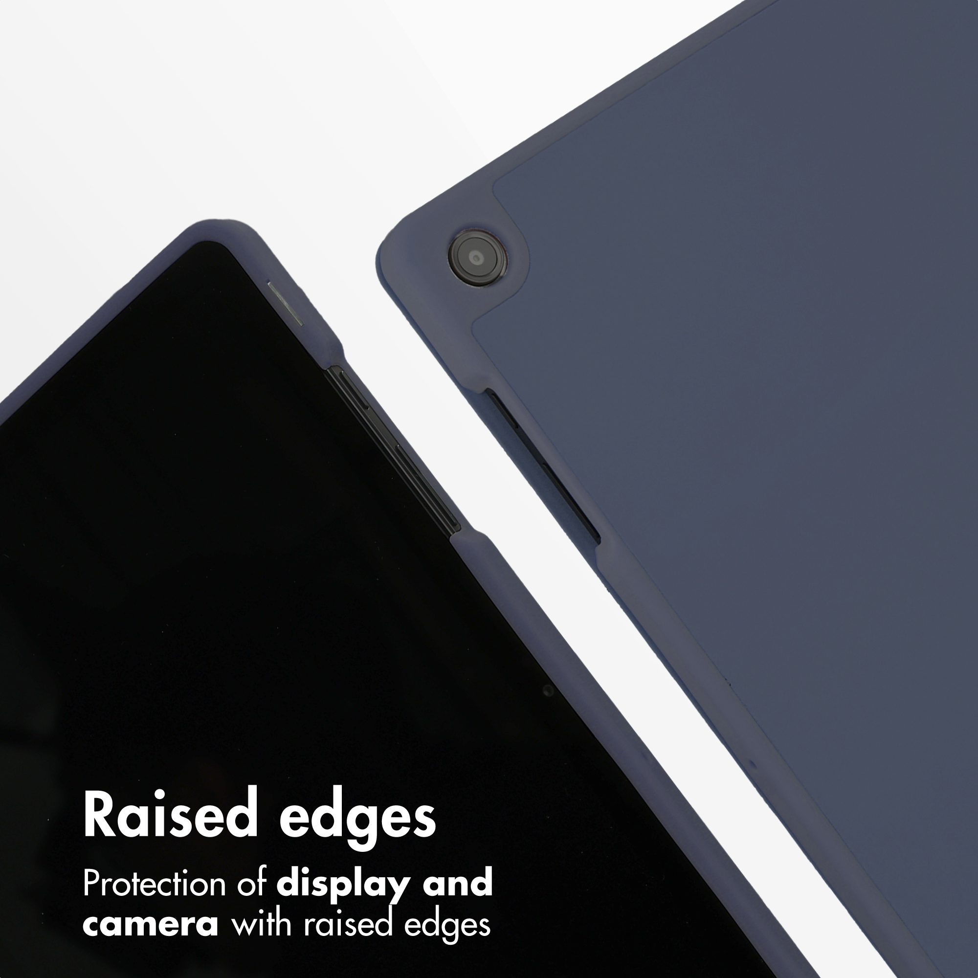 A close-up view of a tablet in a dark blue case, showing raised edges for screen and camera protection.