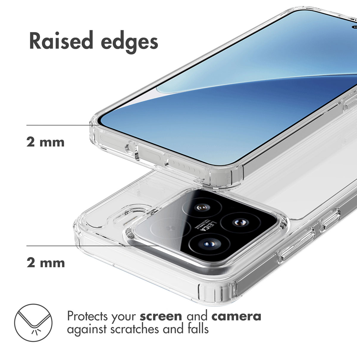 Transparente Handyhülle mit 2 mm erhöhten Kanten zum Schutz von Bildschirm und Kamera.