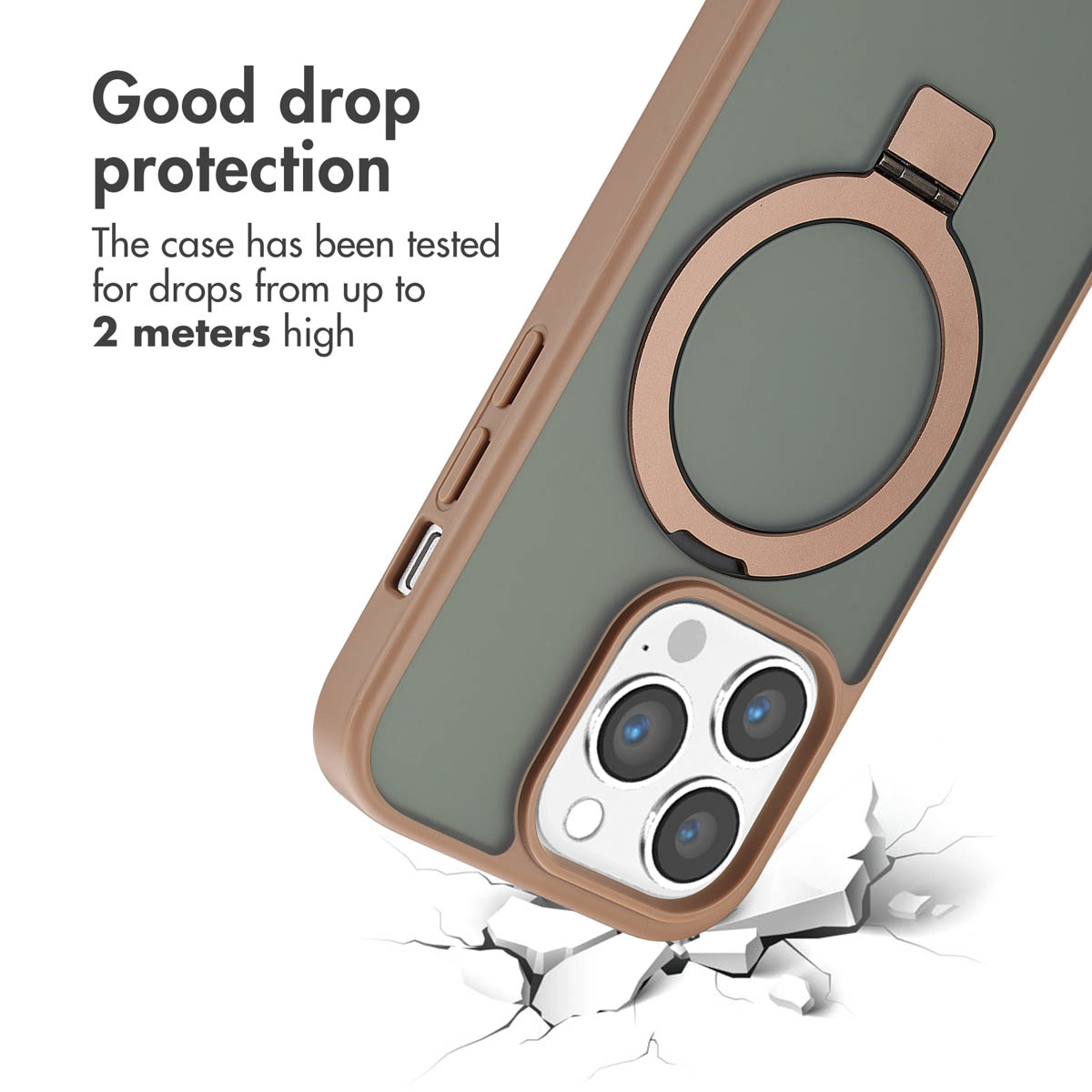 Custodia per telefono verde con supporto ad anello su sfondo bianco rotto e testo.