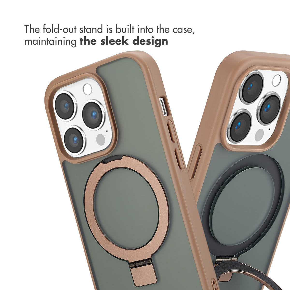 Due cover verdi per smartphone con bordi marroni e supporto ad anello integrato.