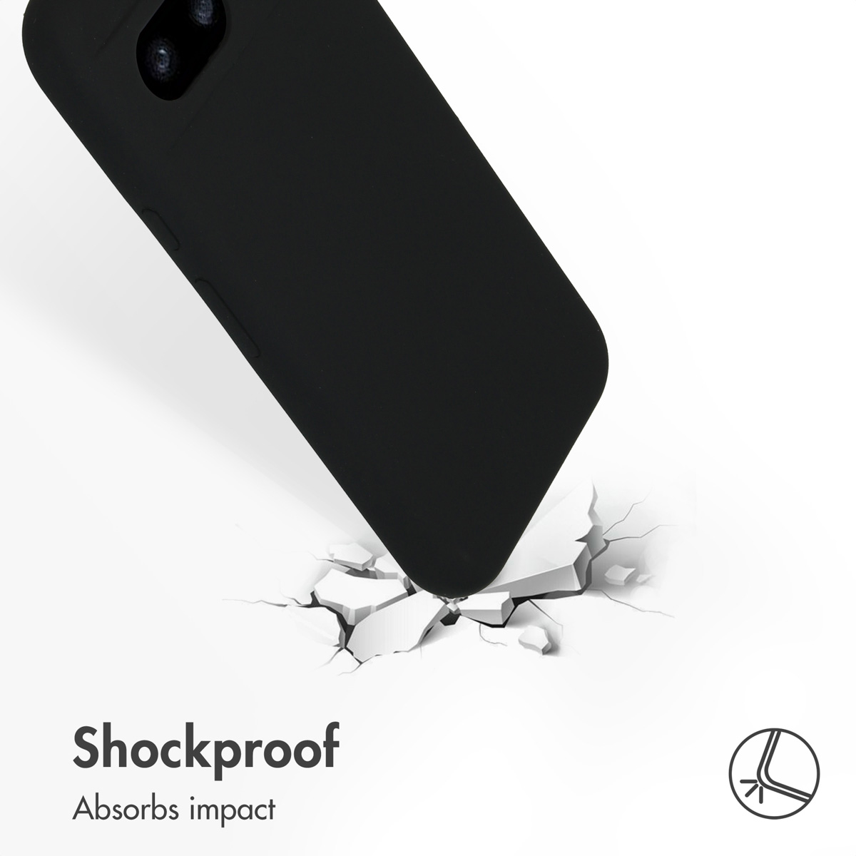 A black smartphone hits a cracked surface, with Shockproof text below.