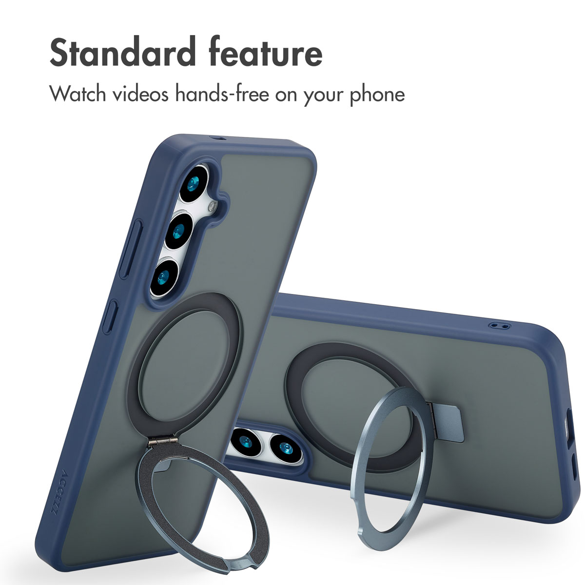 Due cover per telefono blu con anelli pieghevoli integrati su sfondo bianco.