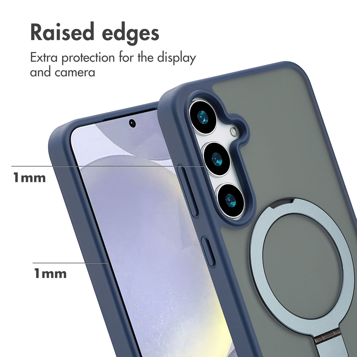 Smartphone in custodia protettiva blu con bordi rialzati per schermo e fotocamera.