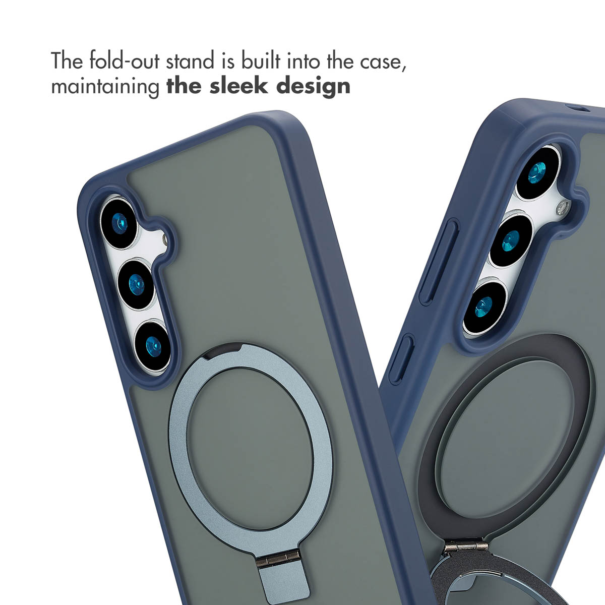 Custodia per smartphone blu con supporto pieghevole integrato e ritaglio per fotocamera.