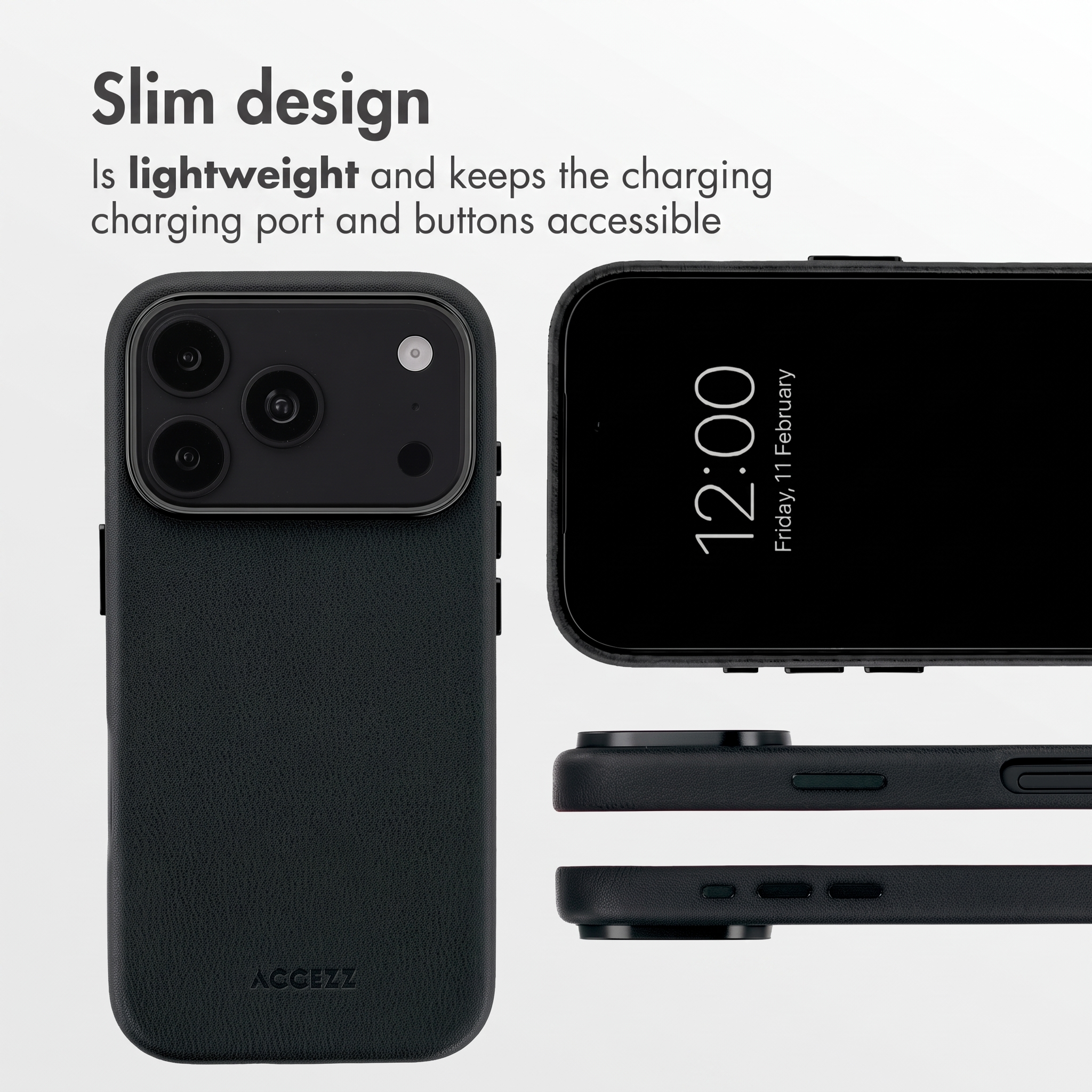 Sottile smartphone nero in custodia protettiva con pulsanti e porte accessibili.