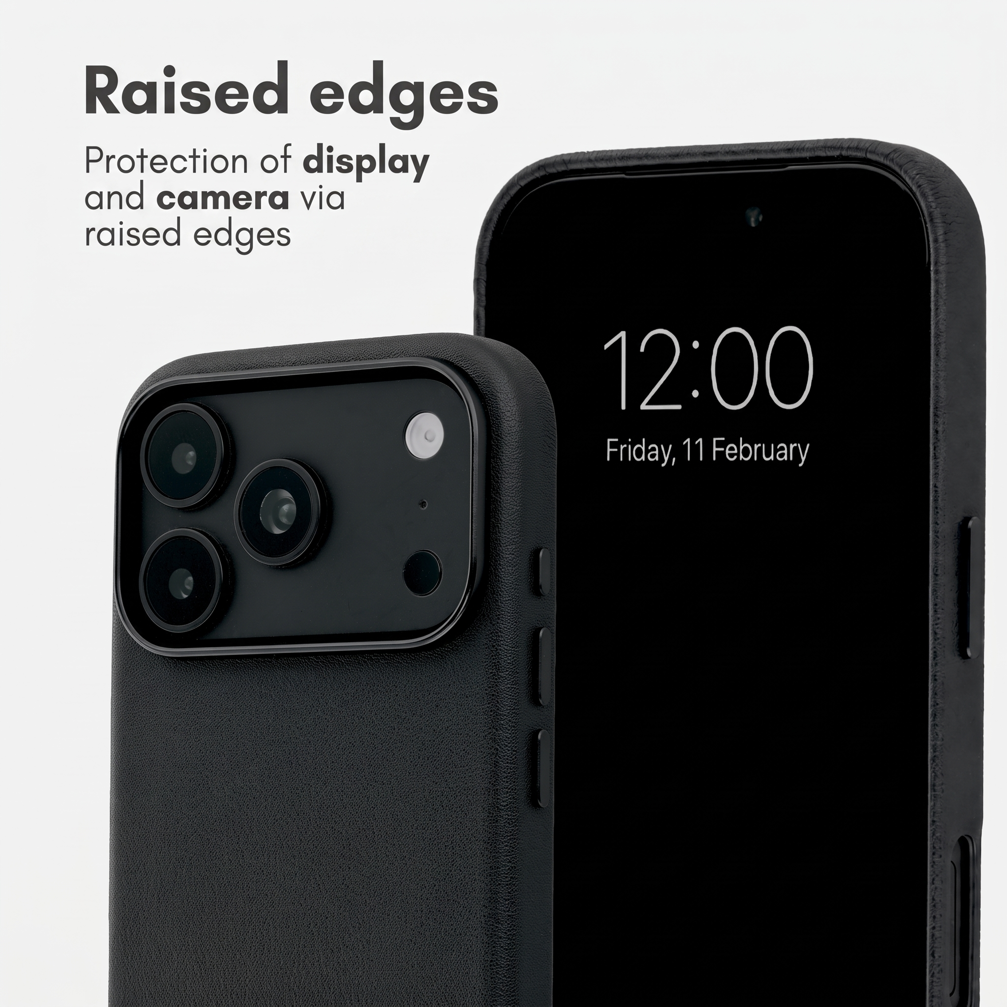 Due telefoni neri in custodia con bordi rialzati per proteggere display e fotocamera.
