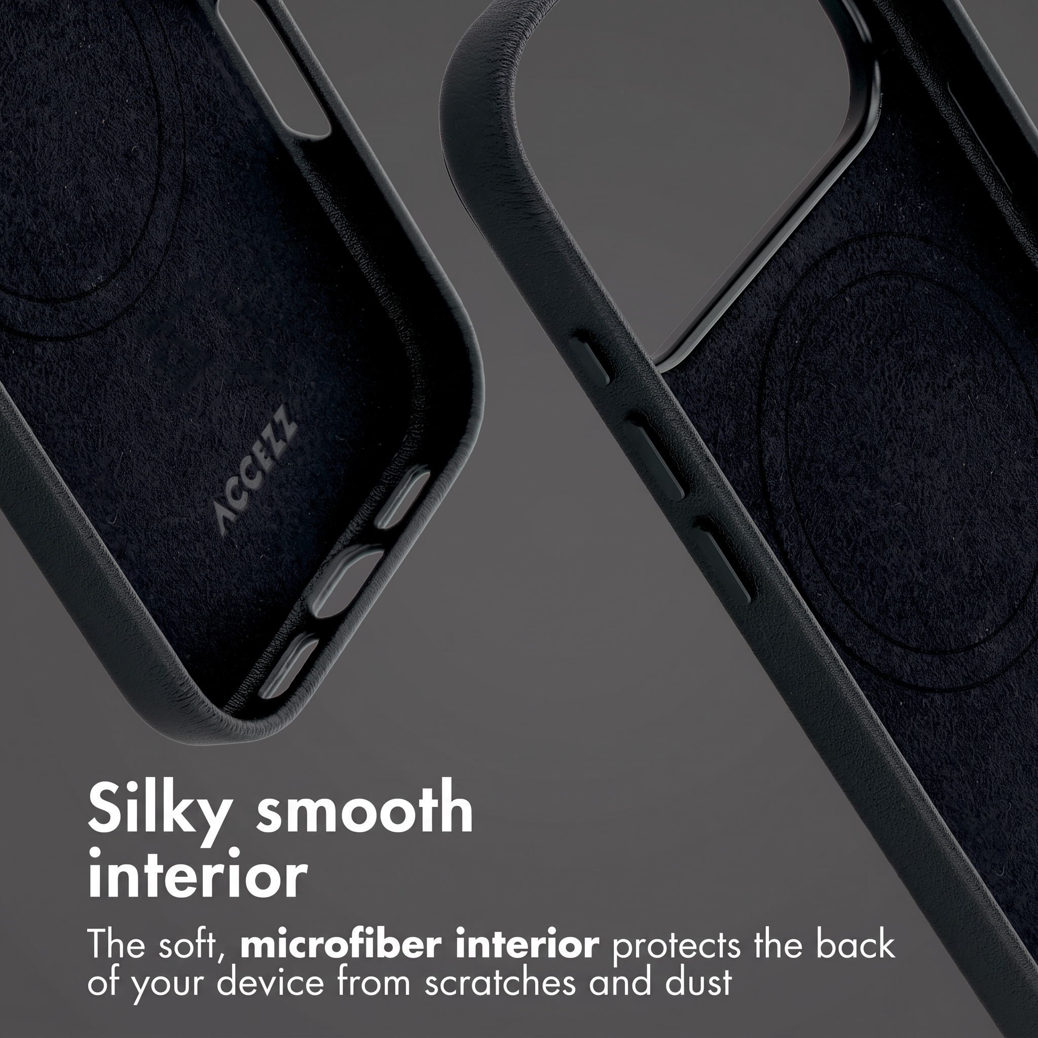 Due cover nere per telefono con interno in morbida microfibra e testo: Silky smooth interior.
