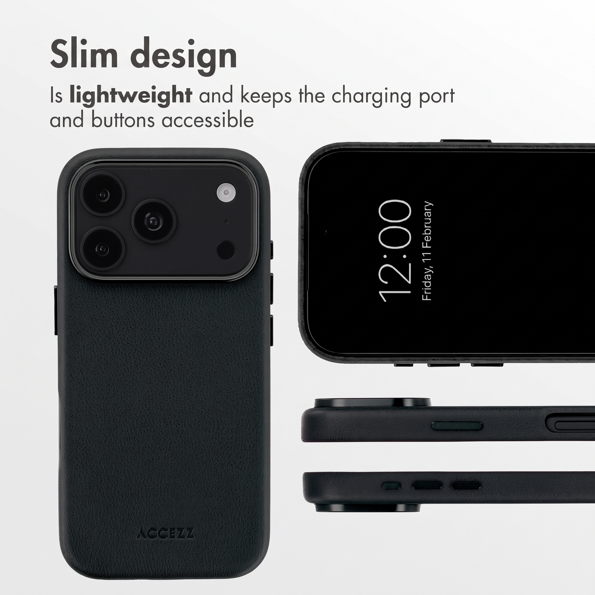 Custodia per smartphone nera e sottile con fotocamera, pulsanti e testo sul design leggero.