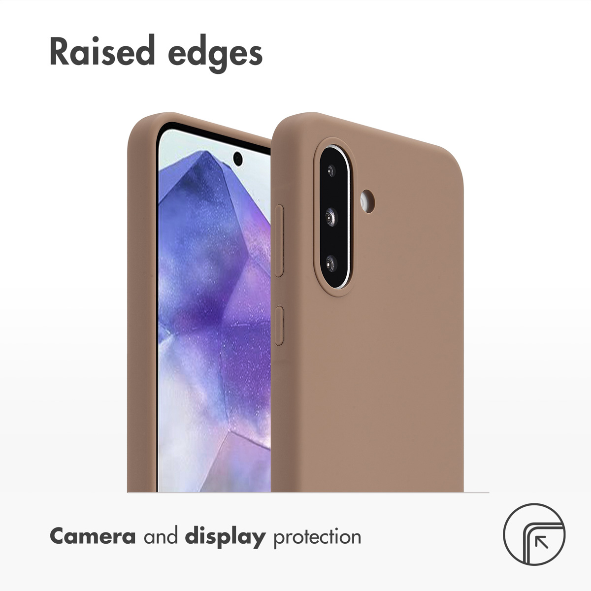 Custodia marrone per smartphone con bordi rialzati per protezione fotocamera e schermo.