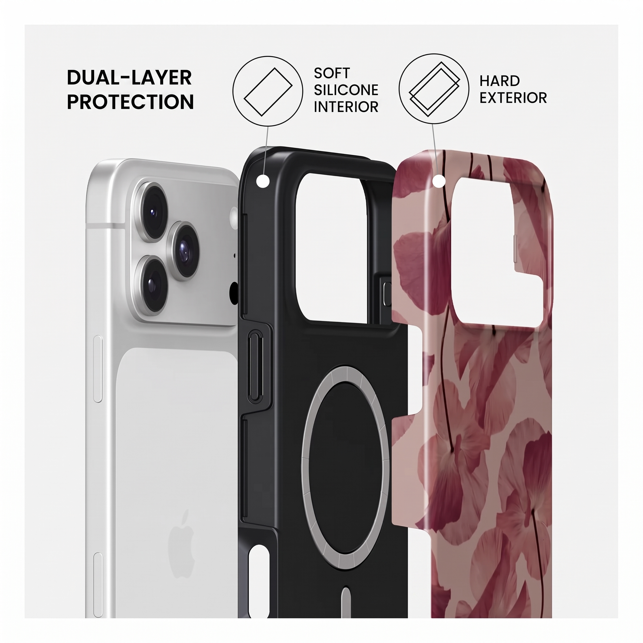 Coque de téléphone avec intérieur en silicone souple et extérieur rigide.