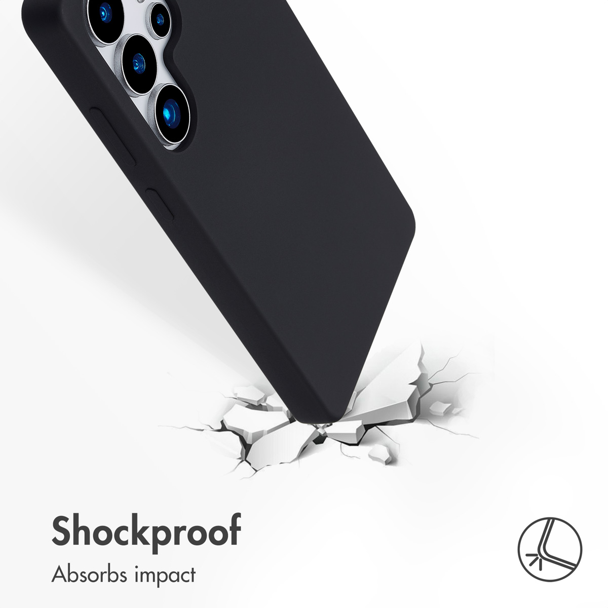 Un smartphone con funda negra golpea el suelo, mostrando resistencia a impactos.