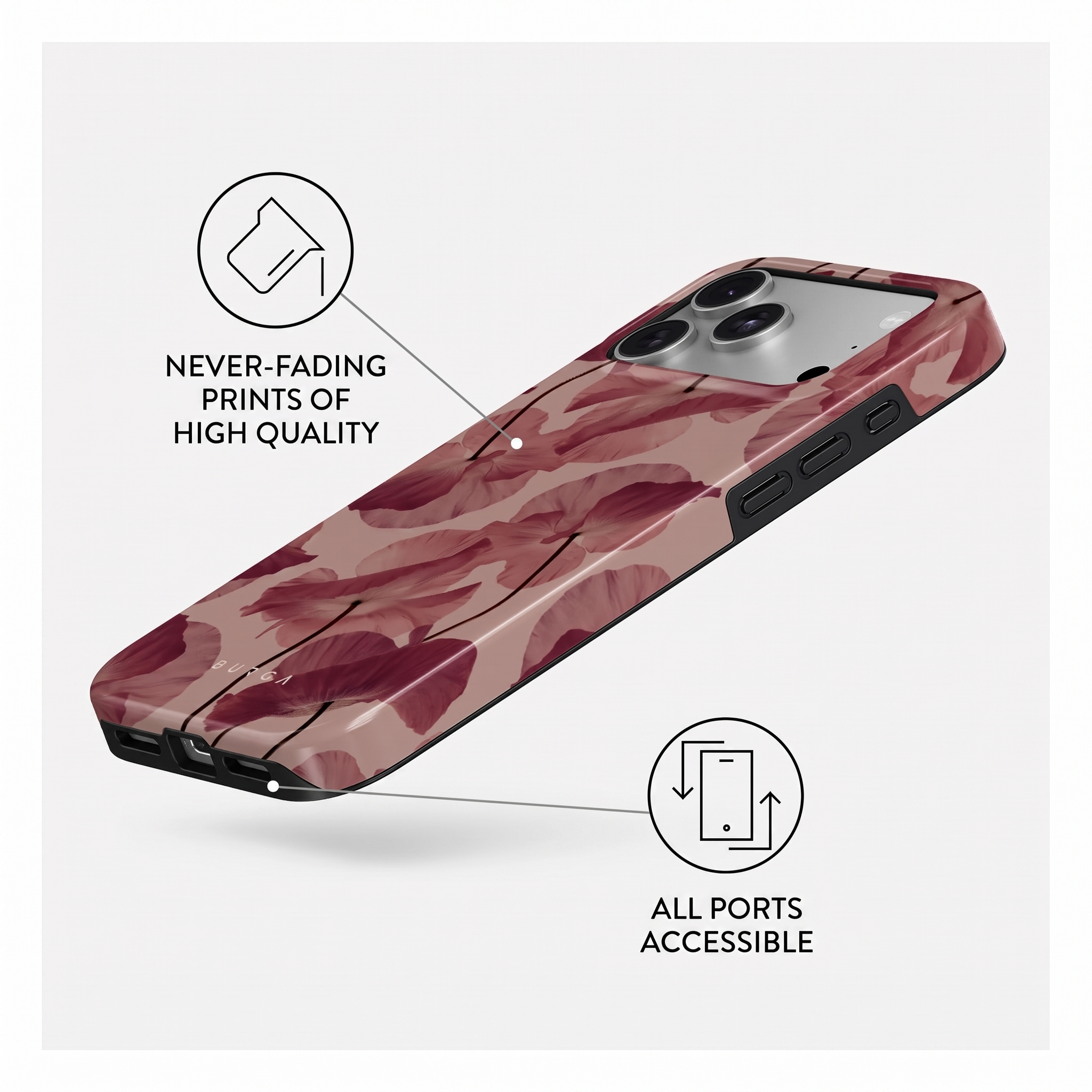 Une coque de téléphone à fleurs rouges, texte sur la qualité durable et ports accessibles.