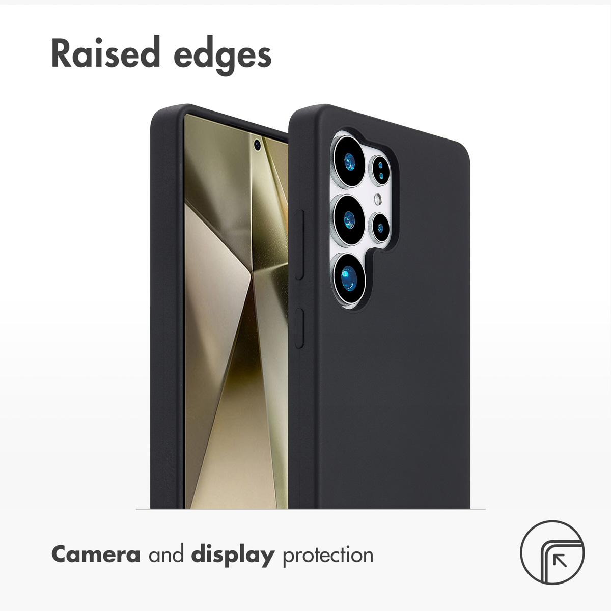 Funda negra para smartphone con bordes elevados para la pantalla y la cámara.