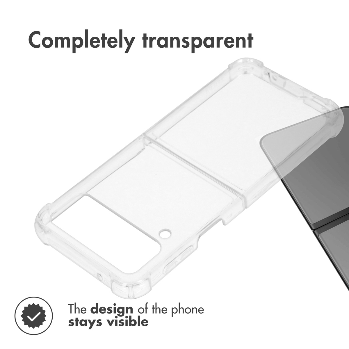 Une coque de téléphone pliable transparente à côté d'un smartphone sombre sur fond blanc.