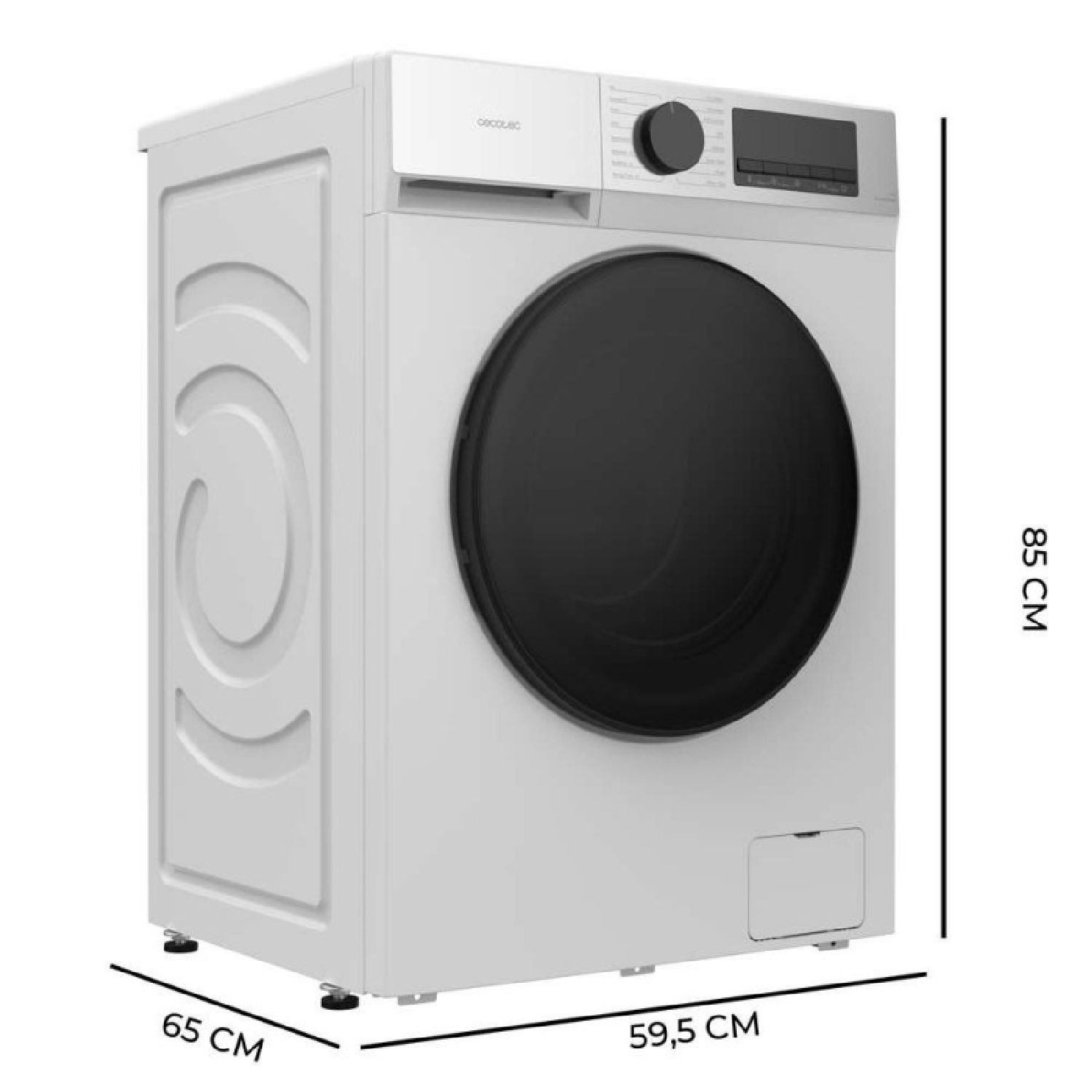 Lavadora blanca con dimensiones de 85 cm de alto, 59,5 cm de ancho y 65 cm de fondo.