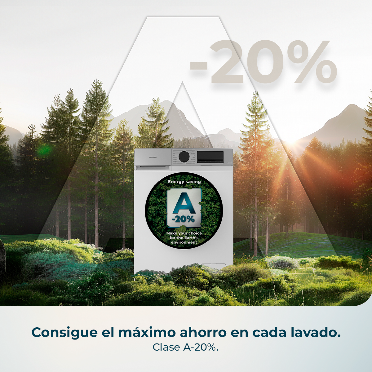 Una lavadora en un paisaje forestal con montañas y etiqueta de ahorro energético A-20 por ciento.