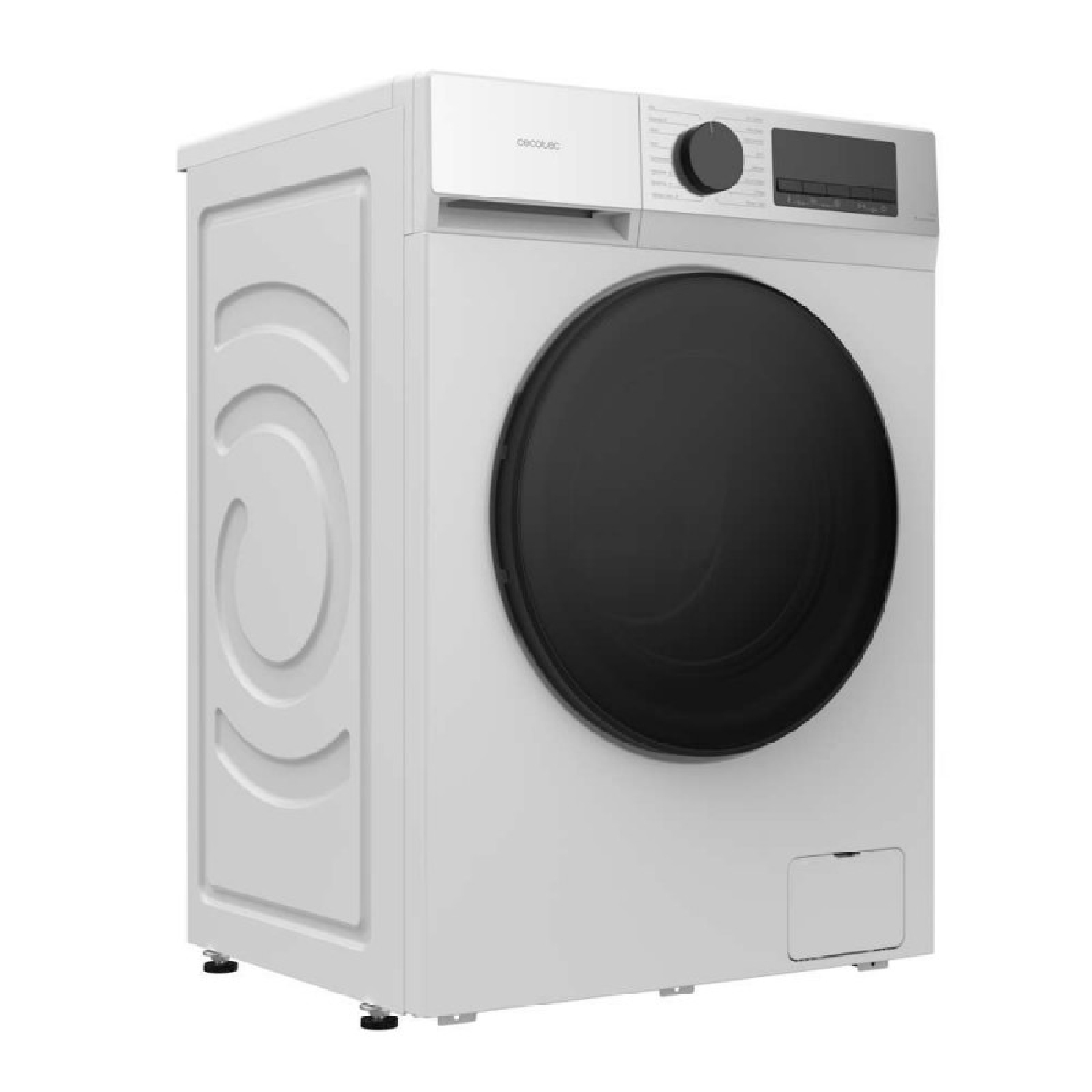 Moderna lavadora blanca con puerta negra y rueda de control sobre fondo blanco.