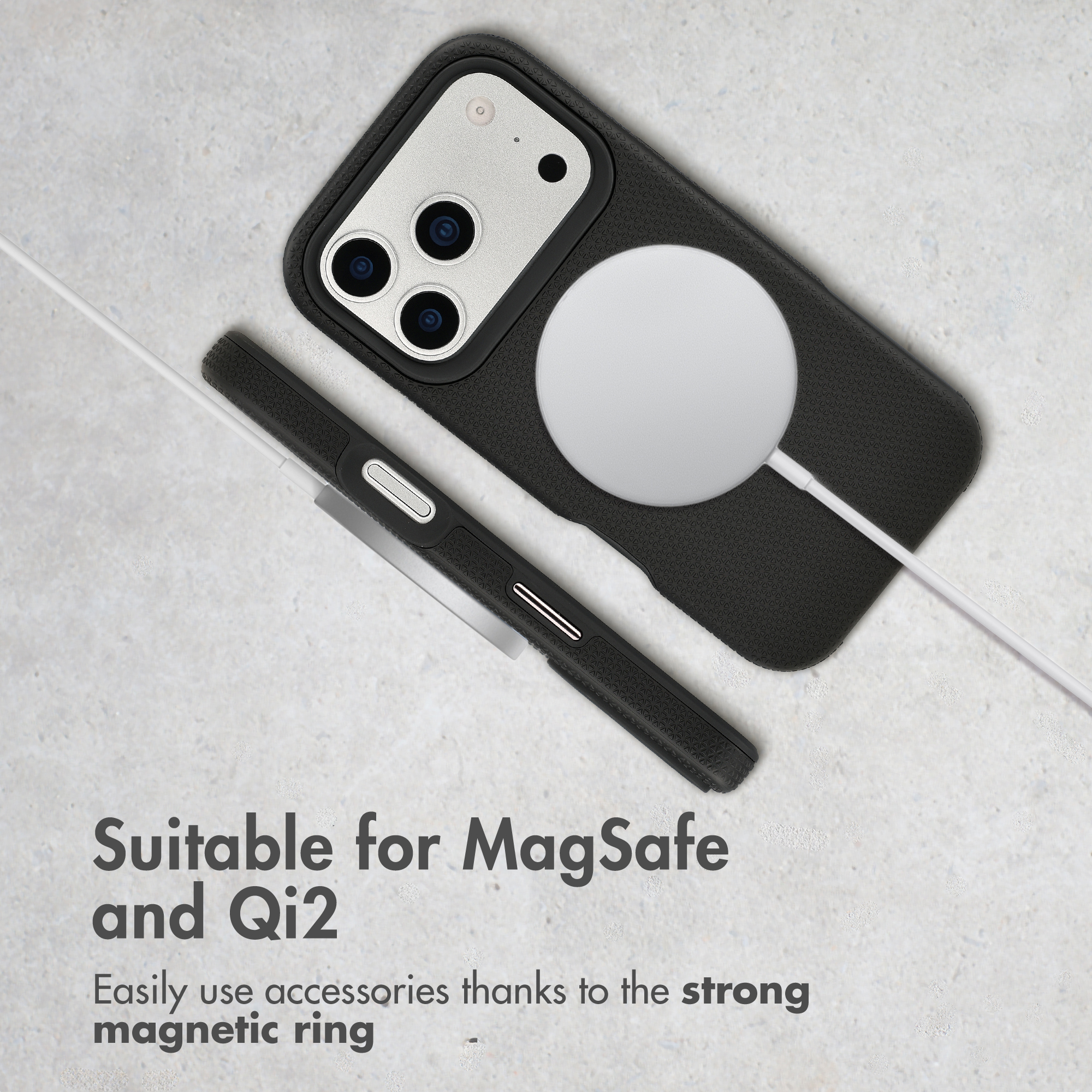 Funda de móvil negra con anillo magnético y texto sobre MagSafe y Qi2.