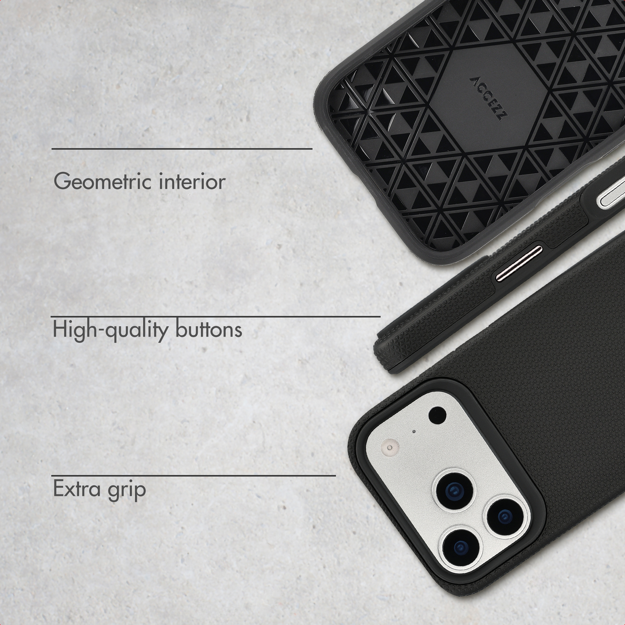 Funda de teléfono negra con interior geométrico, botones de calidad y agarre extra, sobre fondo claro.