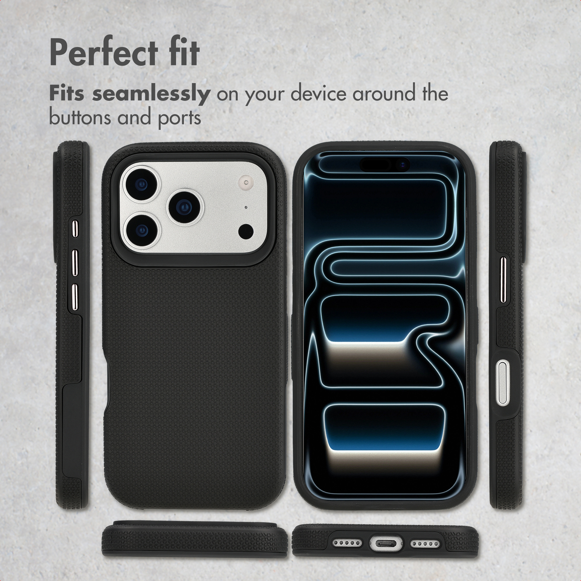 Funda protectora negra para teléfono mostrada desde múltiples ángulos con texto arriba.