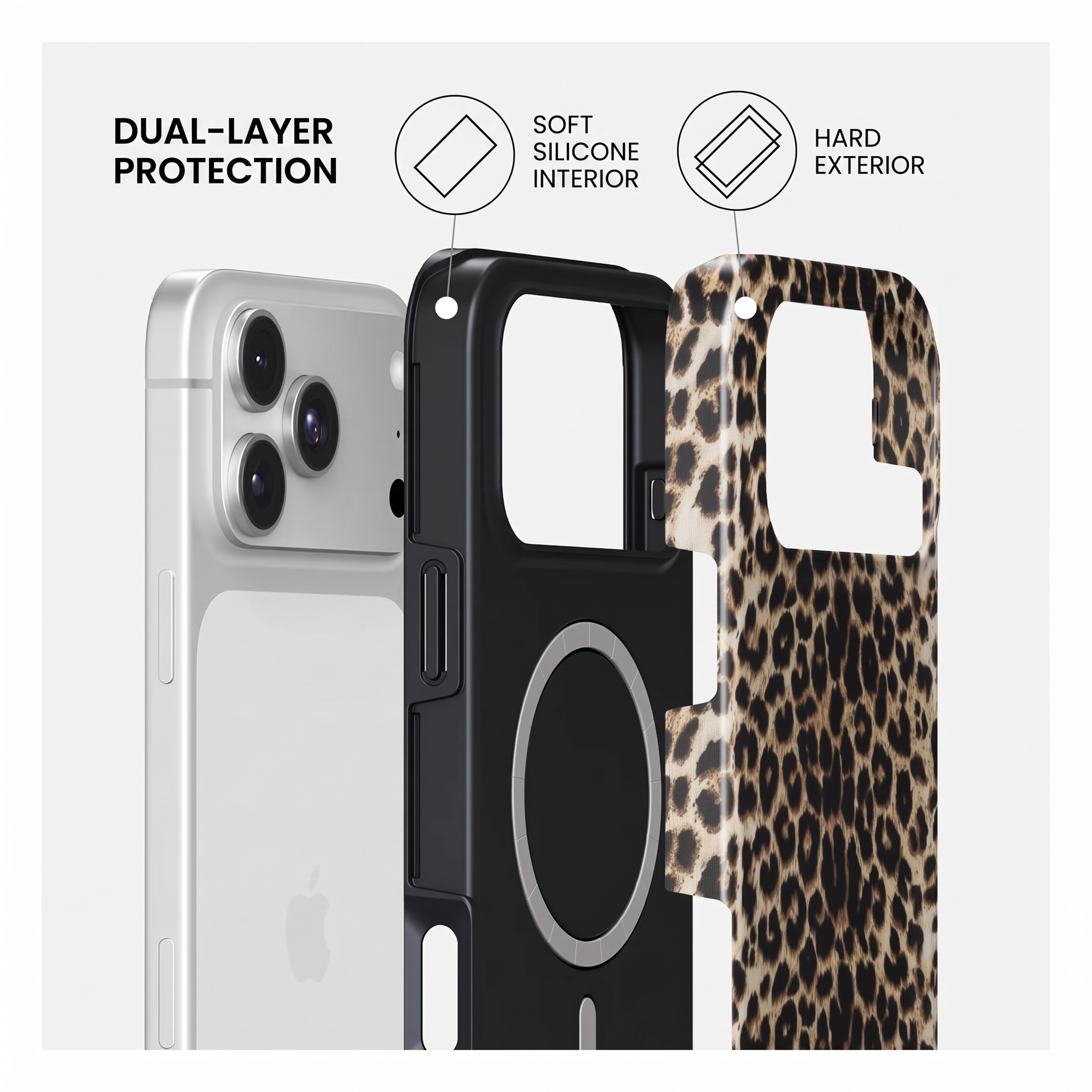 Un smartphone avec coque de protection double couche, intérieur en silicone souple et extérieur léopard.