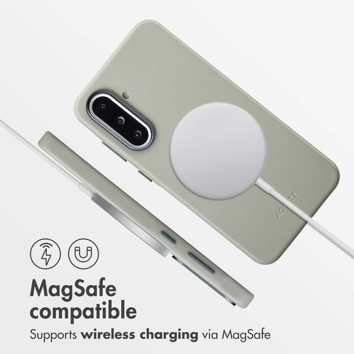Una funda de teléfono verde claro con cargador MagSafe y texto compatible con MagSafe.