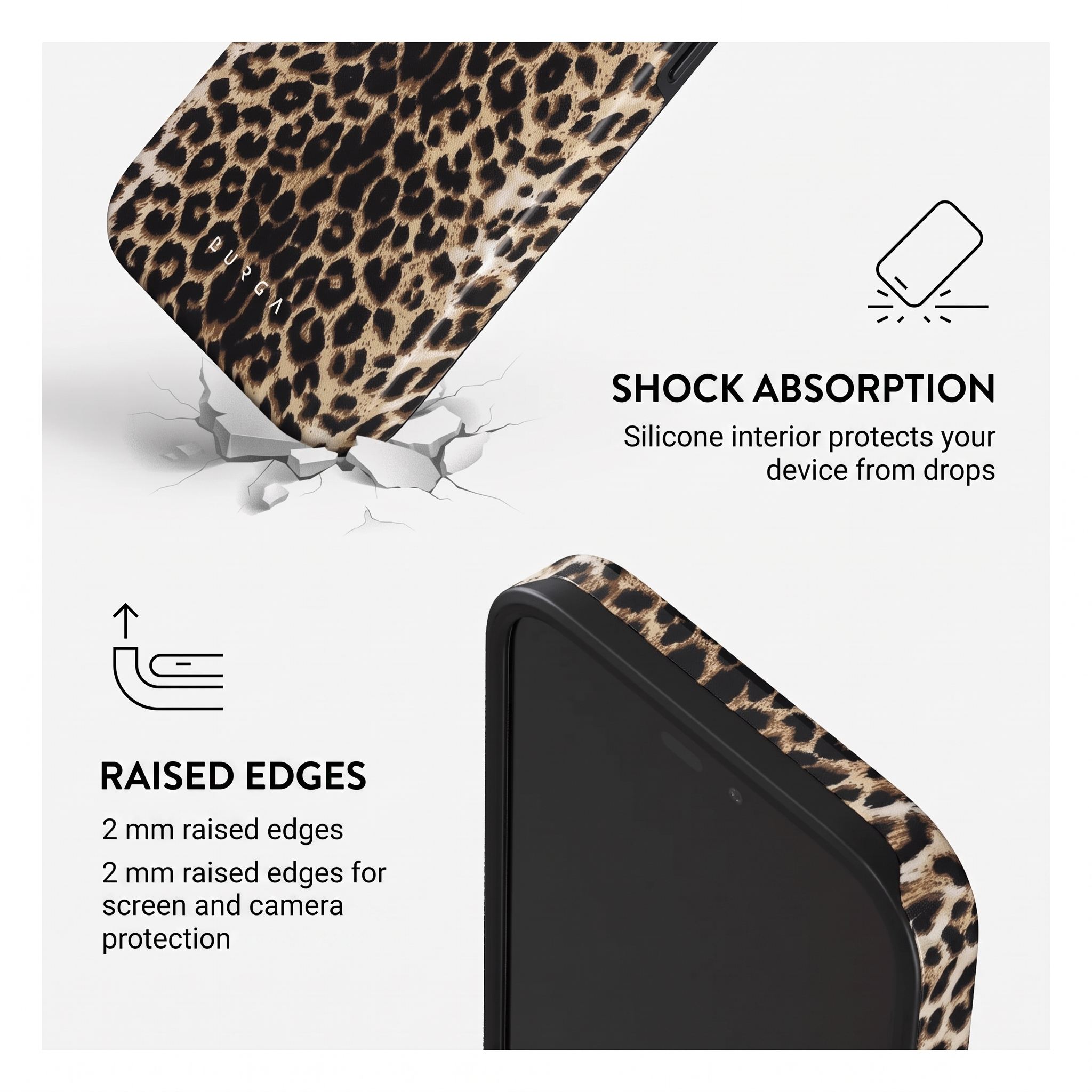 Coque de téléphone motif léopard avec absorption des chocs et bords surélevés.