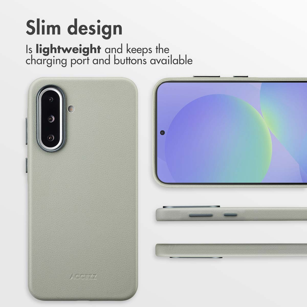Funda de smartphone verde claro delgada y ligera con recorte de cámara y botones accesibles.