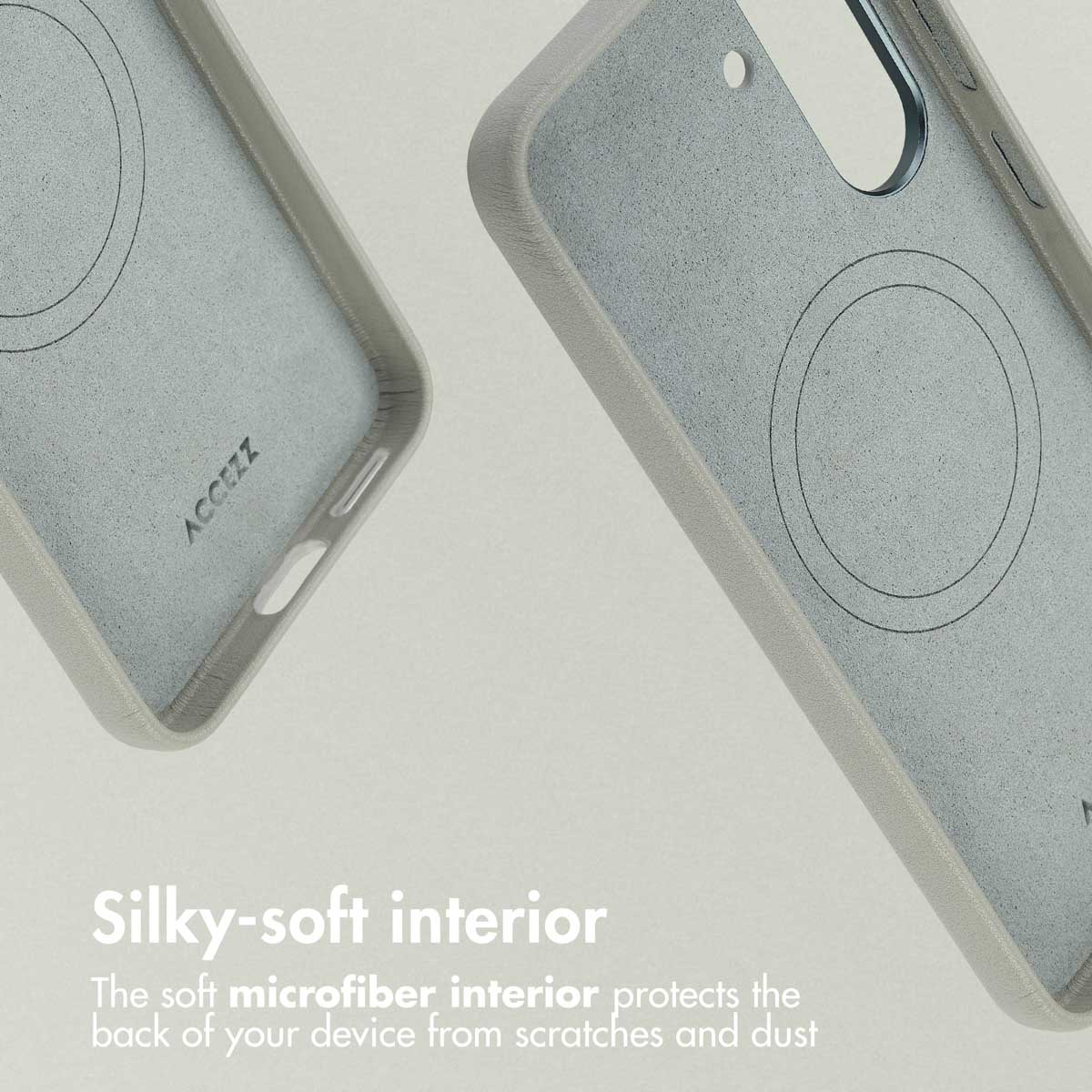 Fundas grises con interior de microfibra suave y anillo magnético. Texto: Interior suave como la seda.