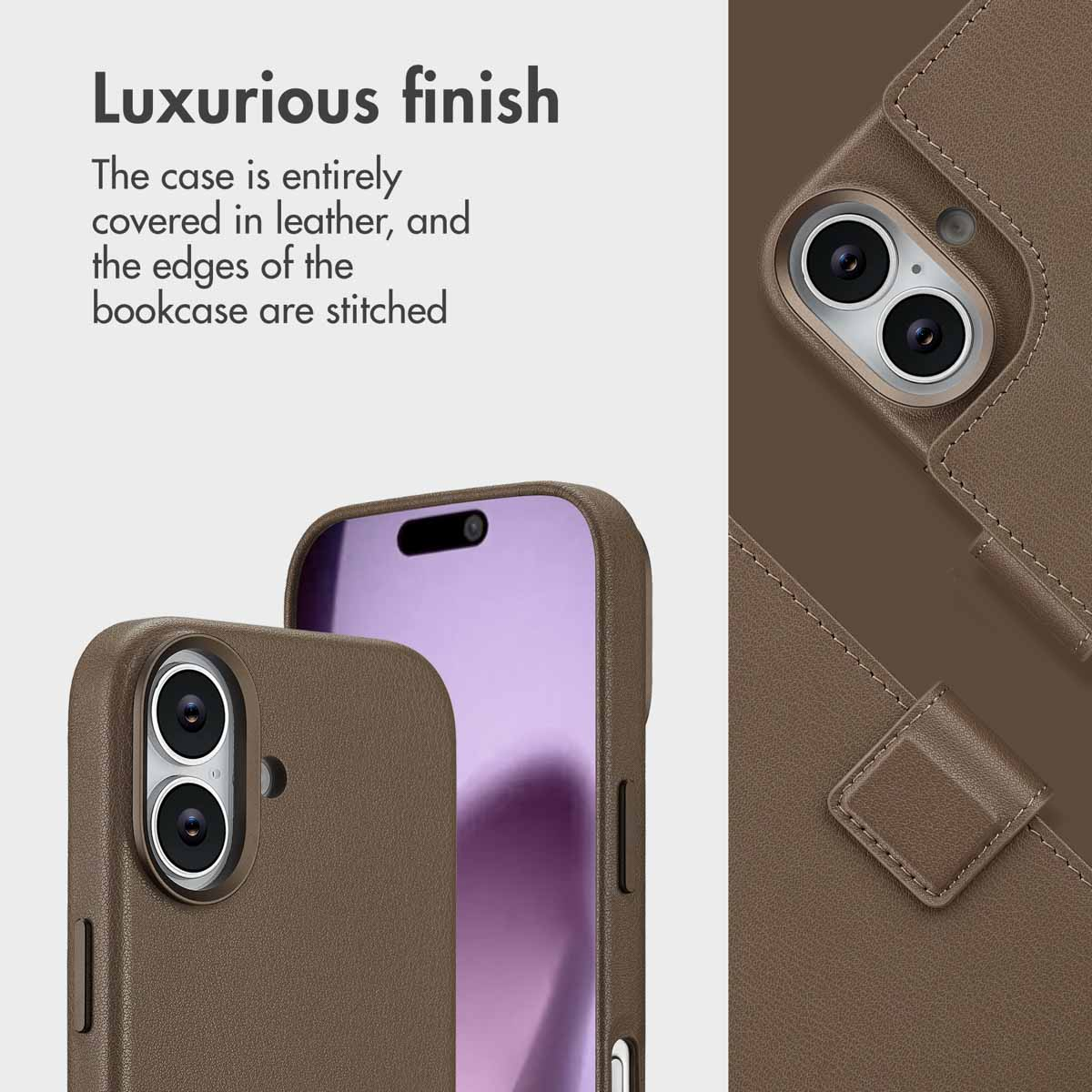 Lujosa funda de cuero marrón con bordes cosidos, recorte para cámara y diseño elegante.