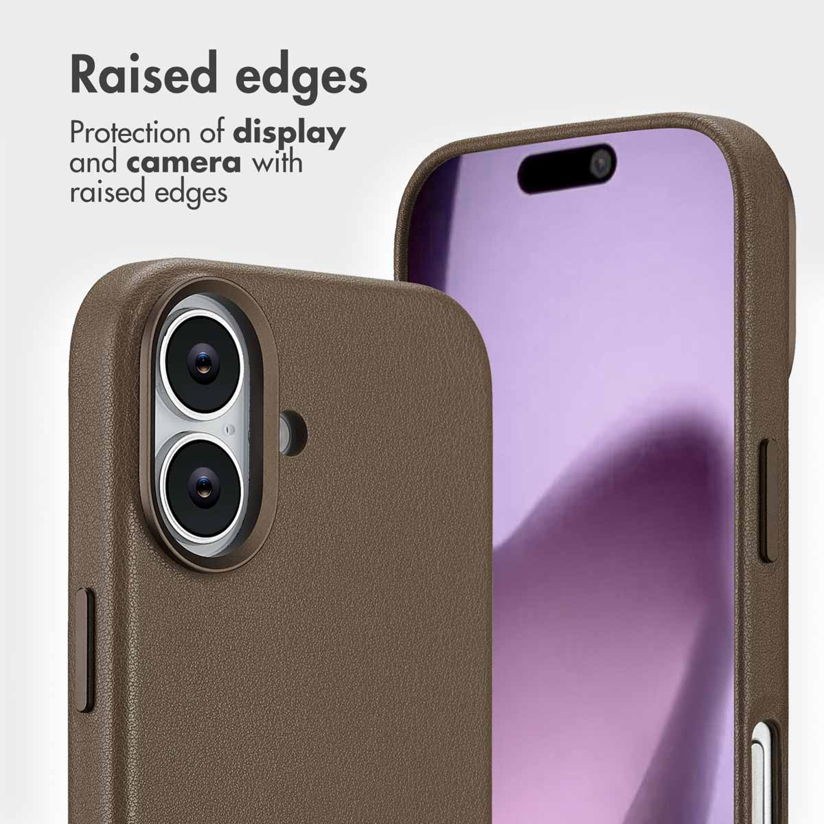 Funda de móvil marrón con bordes elevados para proteger la pantalla y la cámara.