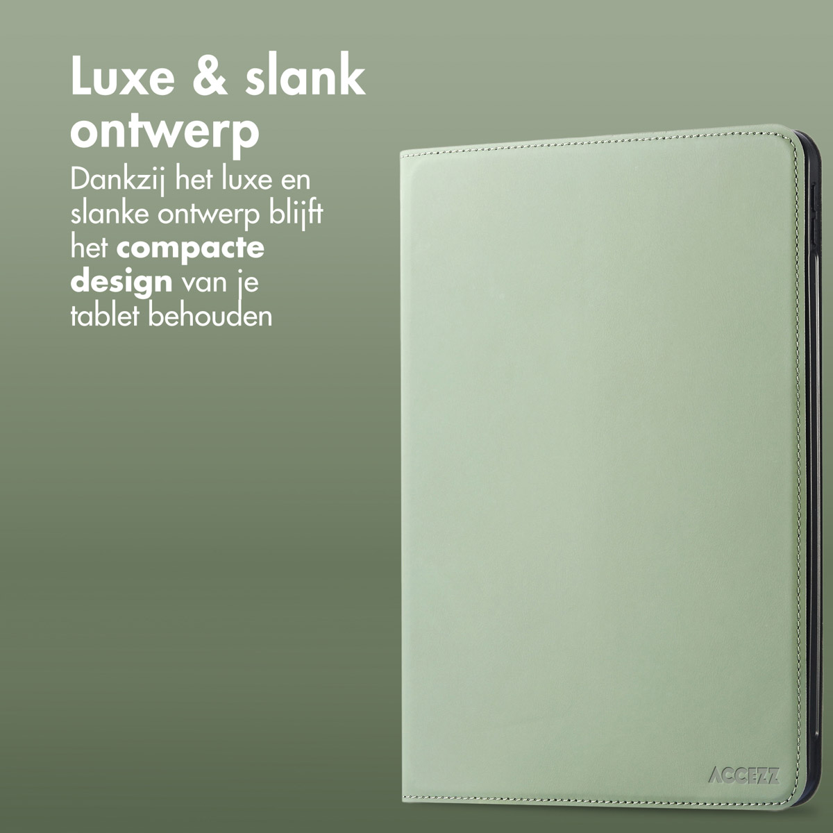 A closed light green tablet case with a black edge and white Dutch text on the left background.