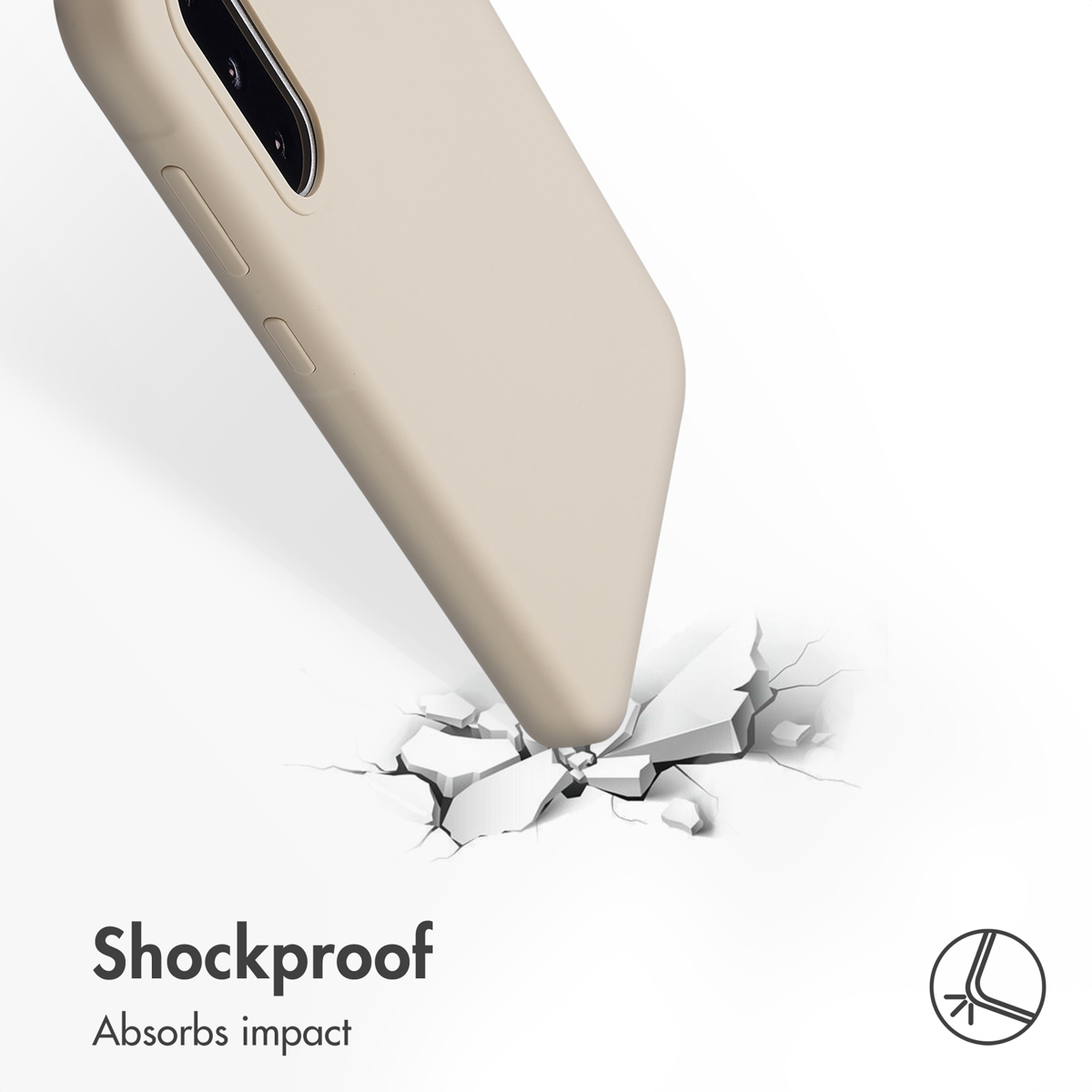 Una custodia per cellulare beige impatta su una superficie bianca incrinata. Testo: Shockproof Absorbs impact.
