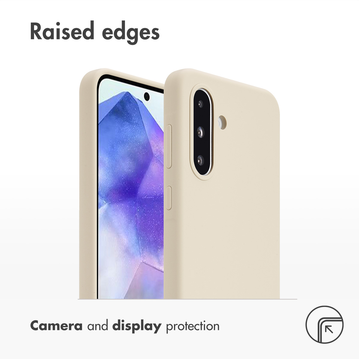 Cover beige per smartphone con bordi rialzati per proteggere fotocamera e display.