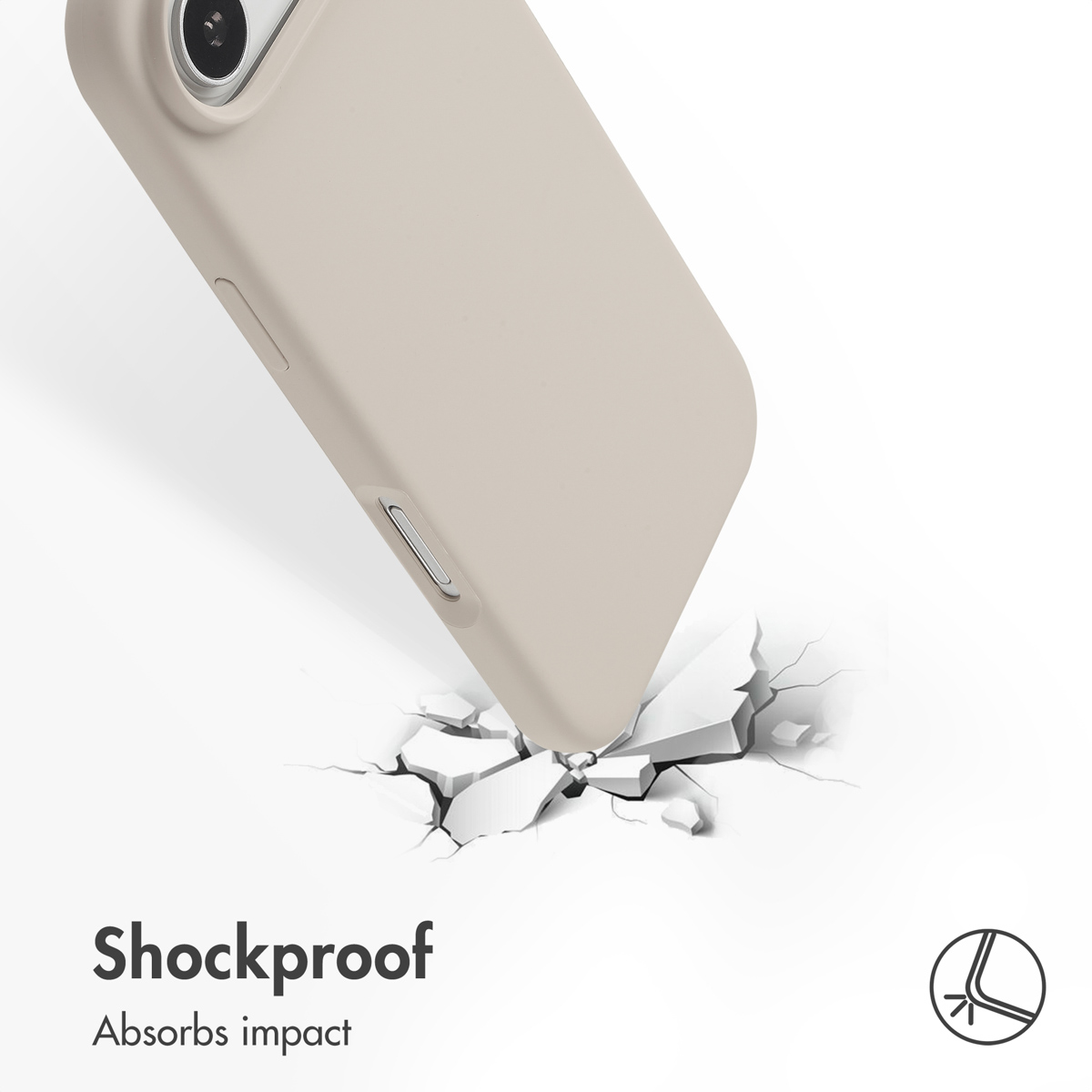 Una funda de móvil beige impacta contra el suelo, mostrando protección.