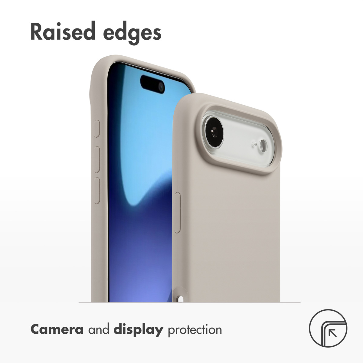 Funda de teléfono beige con bordes elevados para protección de cámara y pantalla.