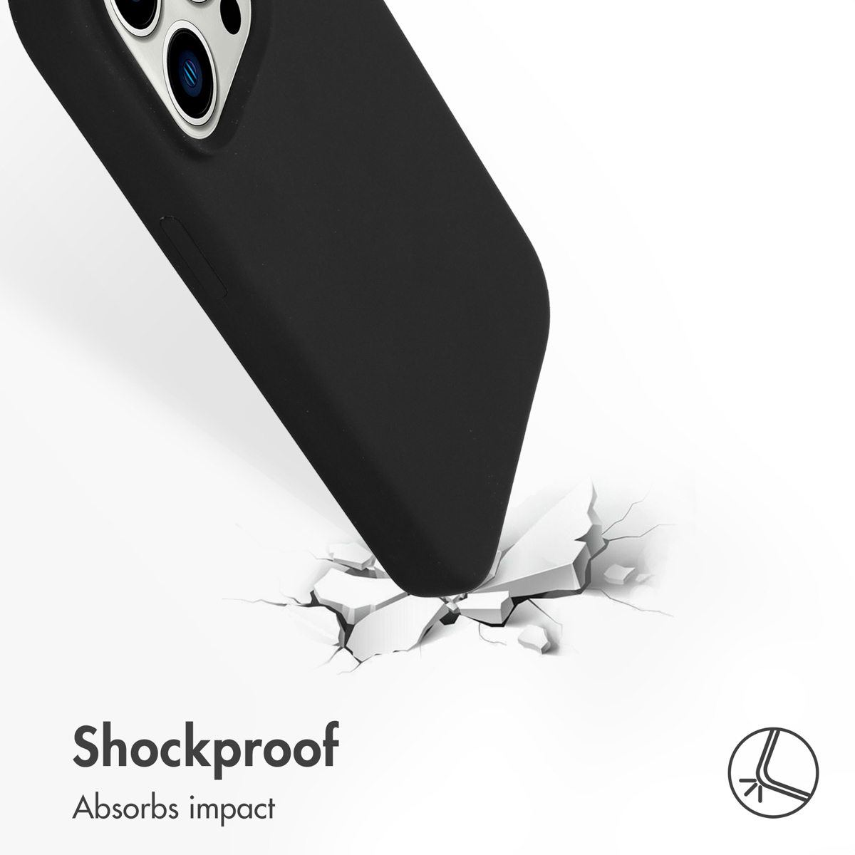 Une coque de téléphone noire frappe une surface blanche, la fissurant.