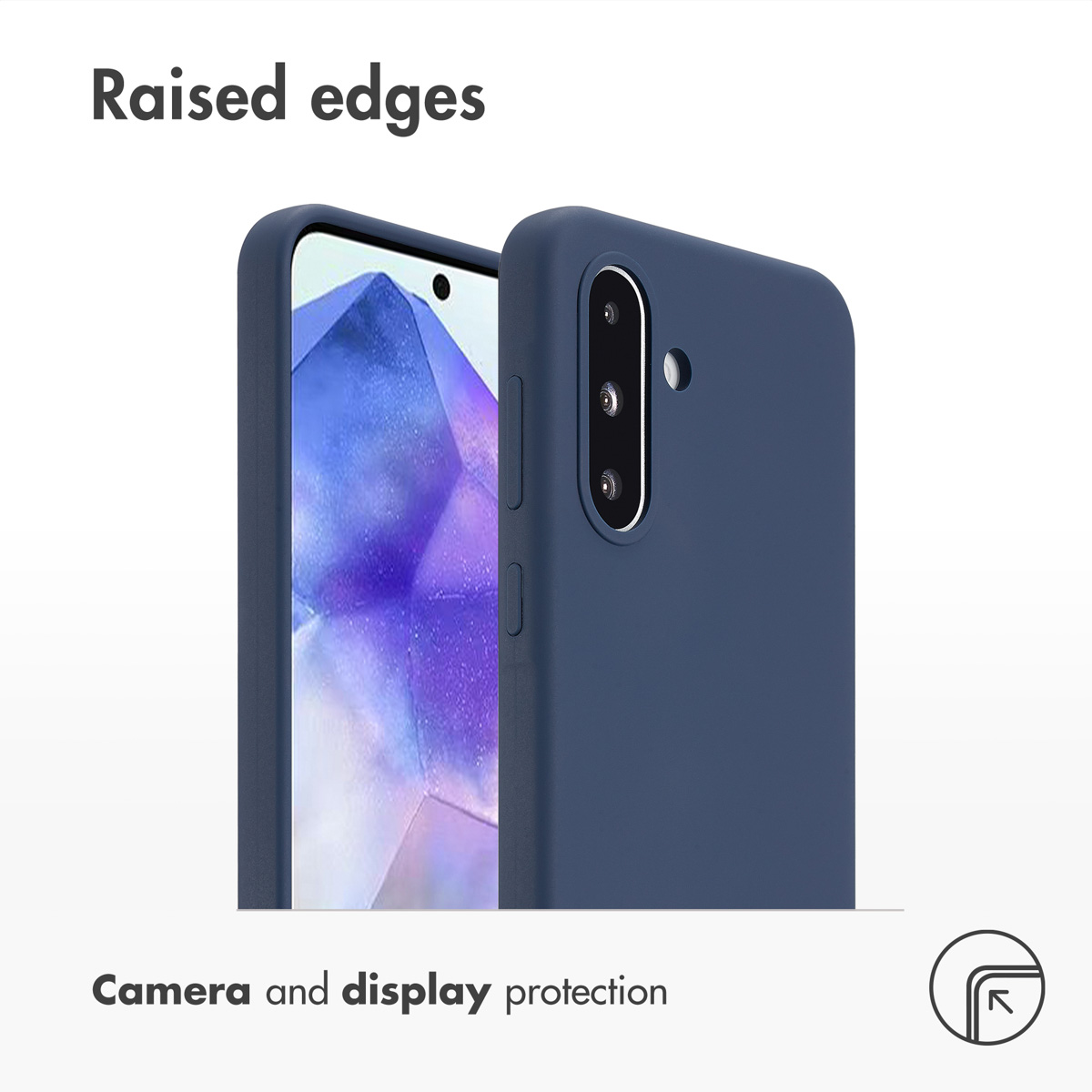 Custodia per telefono blu con bordi rialzati per protezione di fotocamera e display.