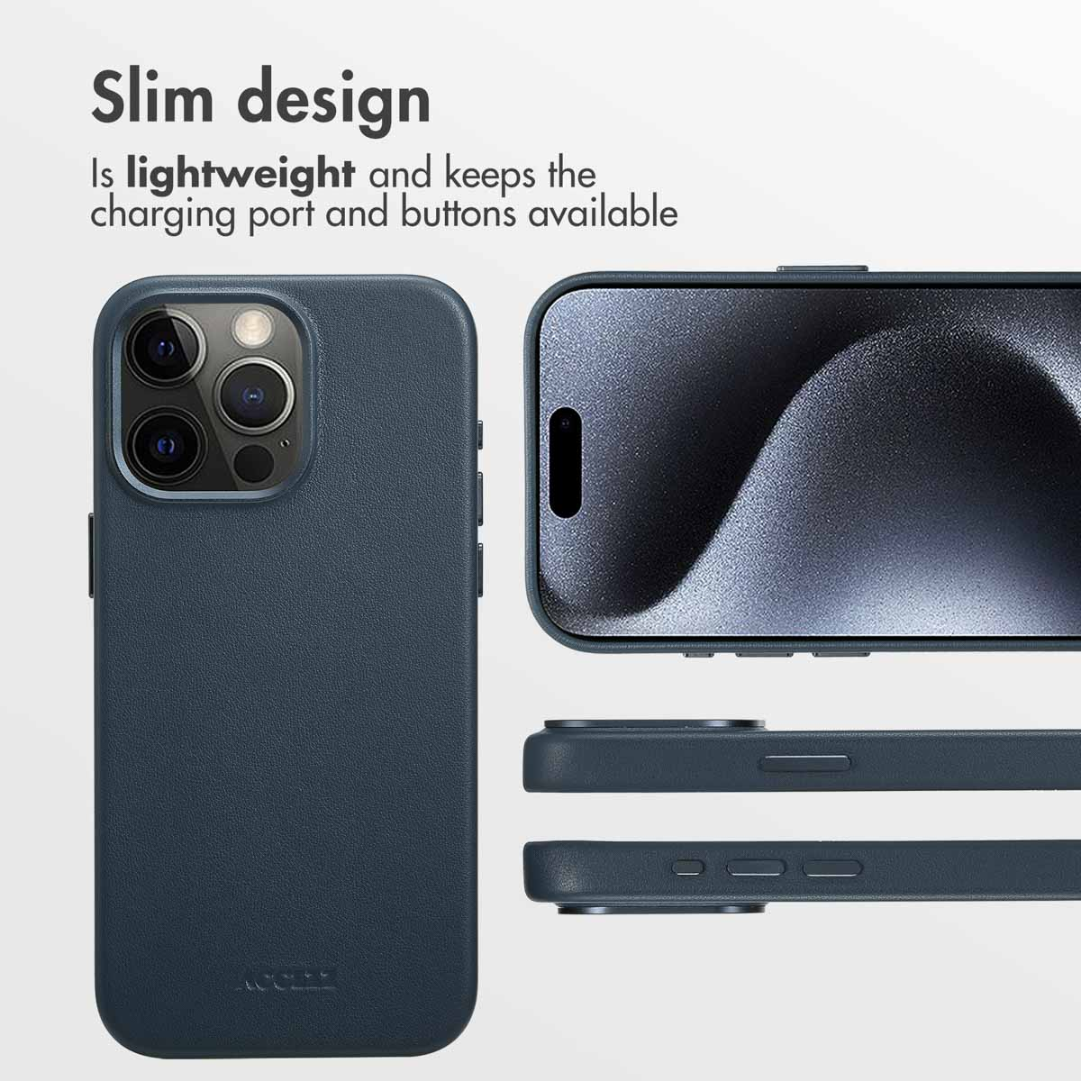 Coque de téléphone bleue au design fin montrant les découpes pour les boutons, ports et caméra.