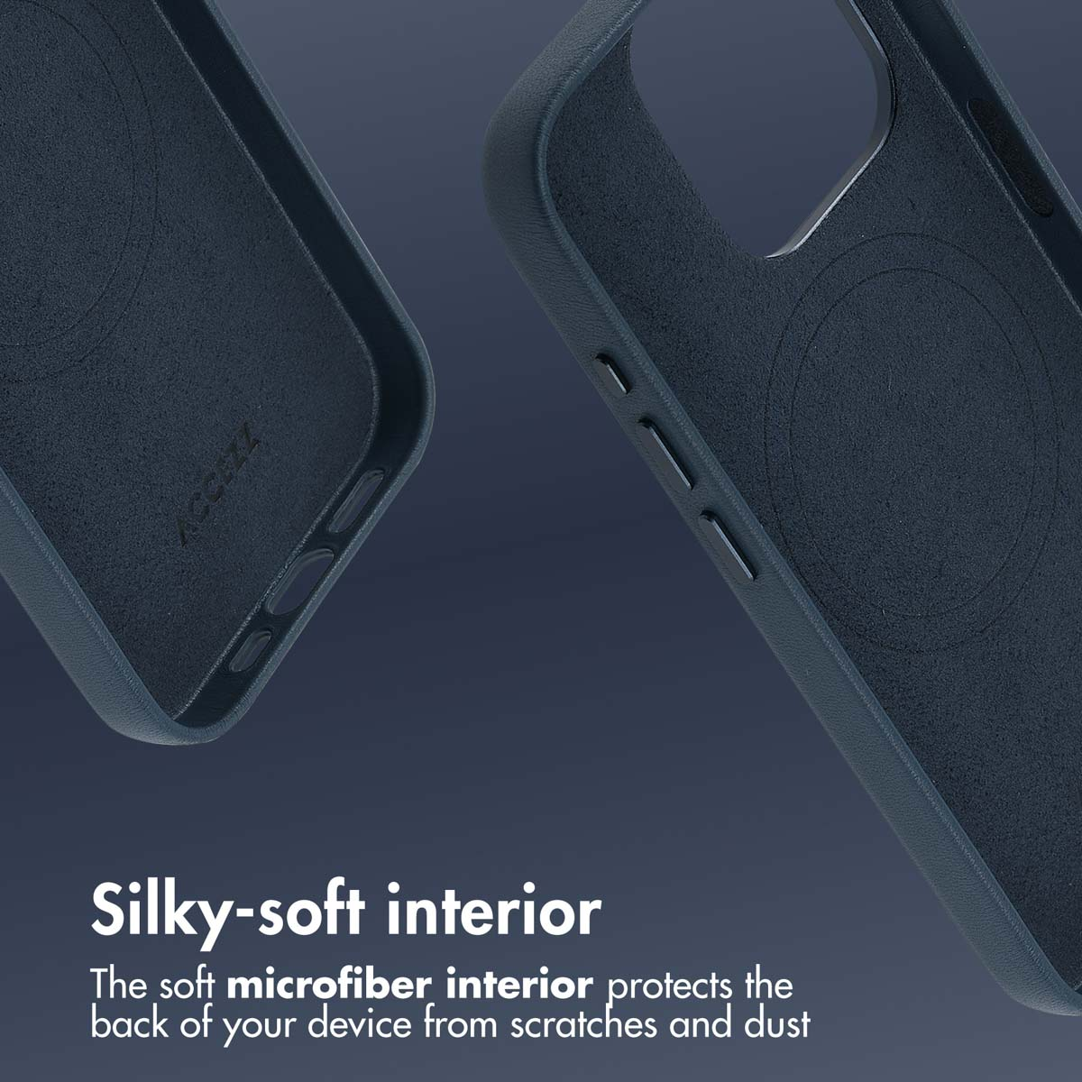Deux coques de téléphone bleu foncé avec intérieur en microfibre douce sur fond bleu foncé.