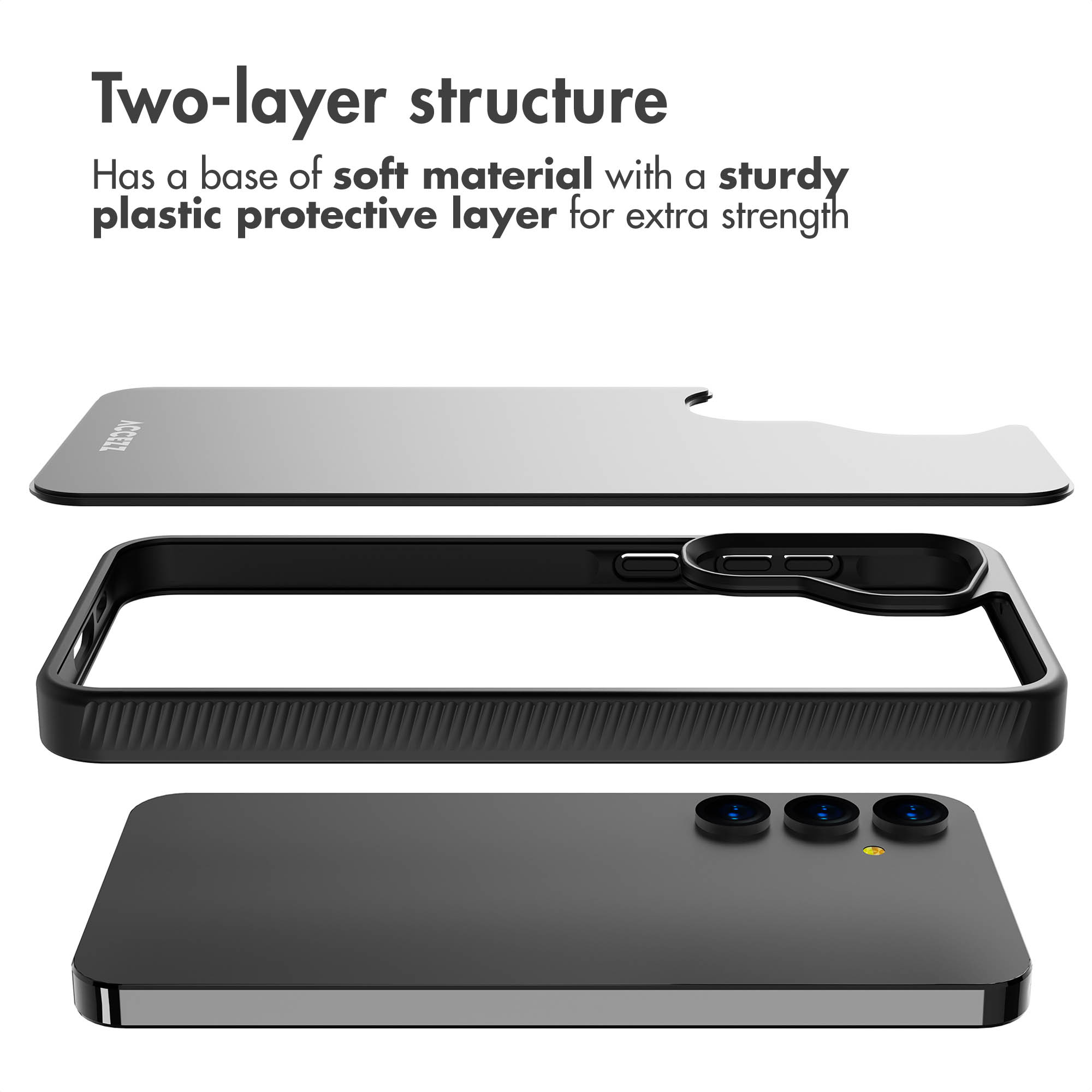 Vue éclatée d'une coque de téléphone à deux couches avec une base souple et une coque en plastique rigide au-dessus.