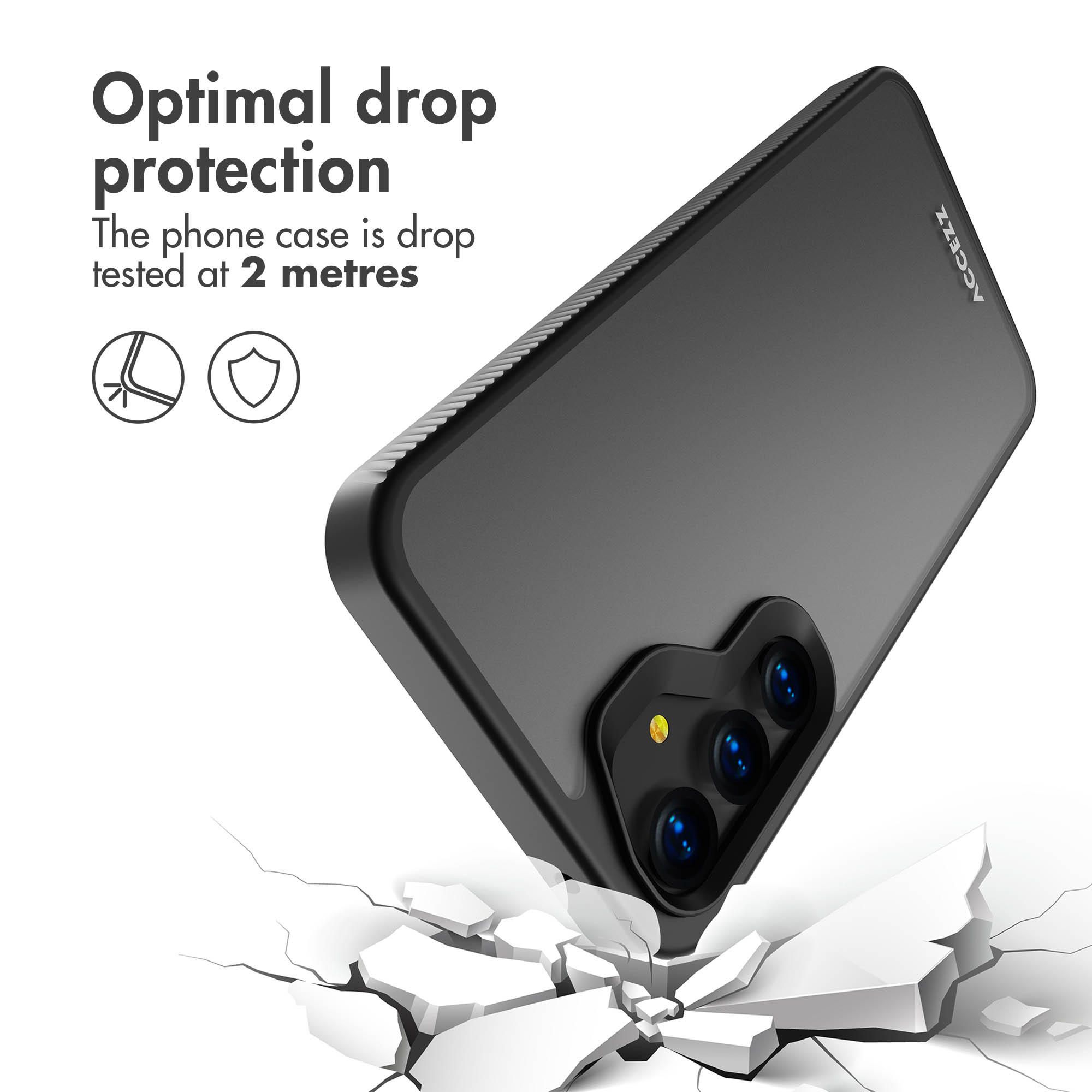 Une coque de smartphone noire frappe une surface blanche brisée. Le texte indique une protection contre les chutes.