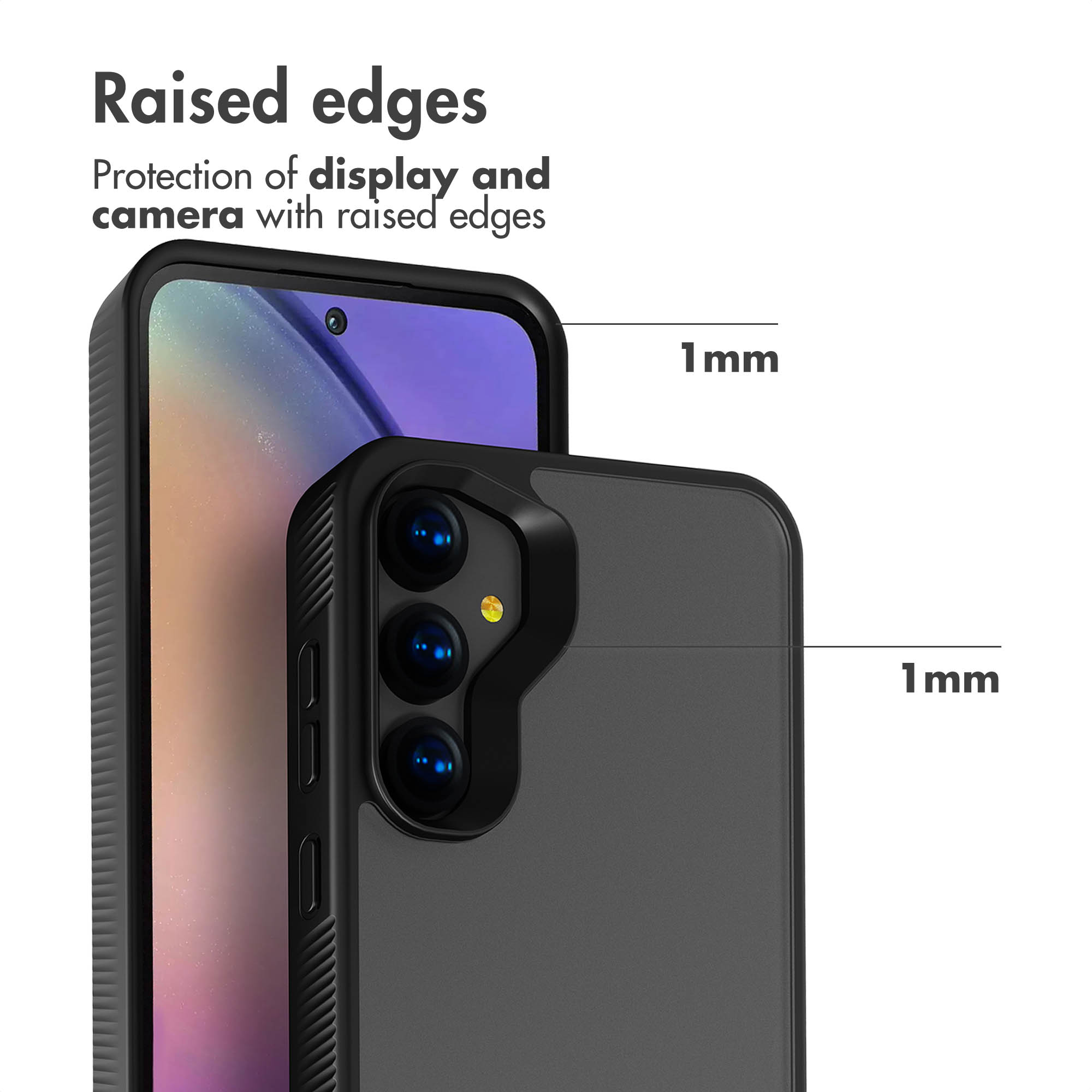 Schéma montrant des bords surélevés de 1 mm pour protéger l'écran et l'appareil photo.