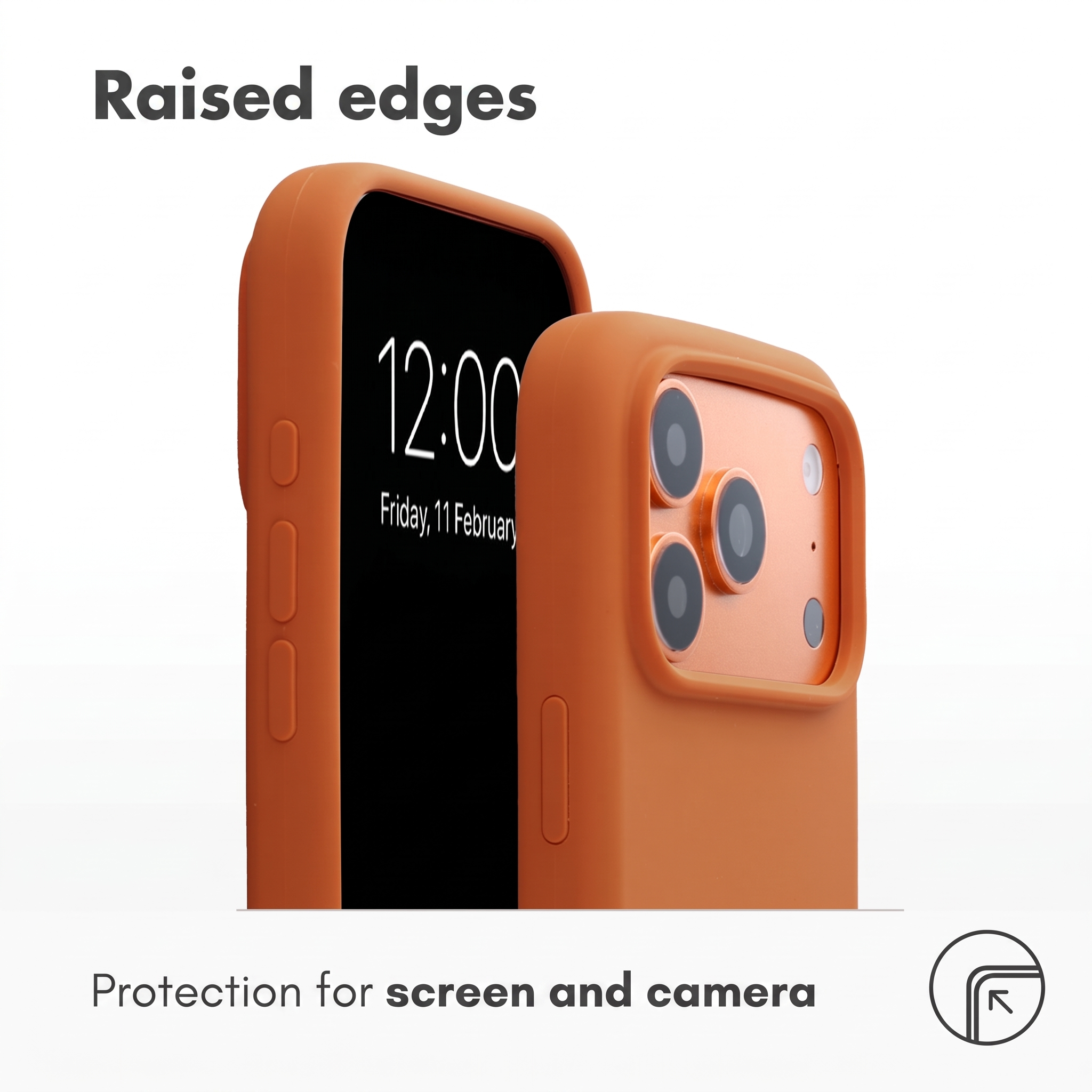 Deux coques de téléphone orange montrant des bords surélevés pour protéger l'écran et l'appareil photo sur fond blanc.