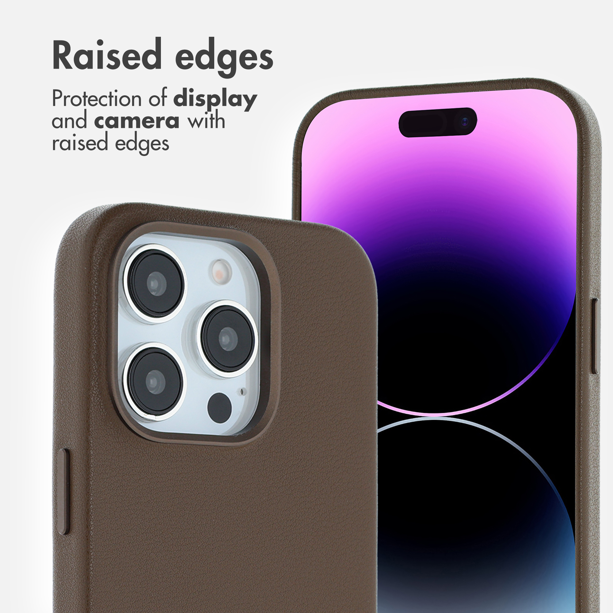 Primo piano di una custodia per smartphone marrone con bordi rialzati per proteggere display e fotocamera.