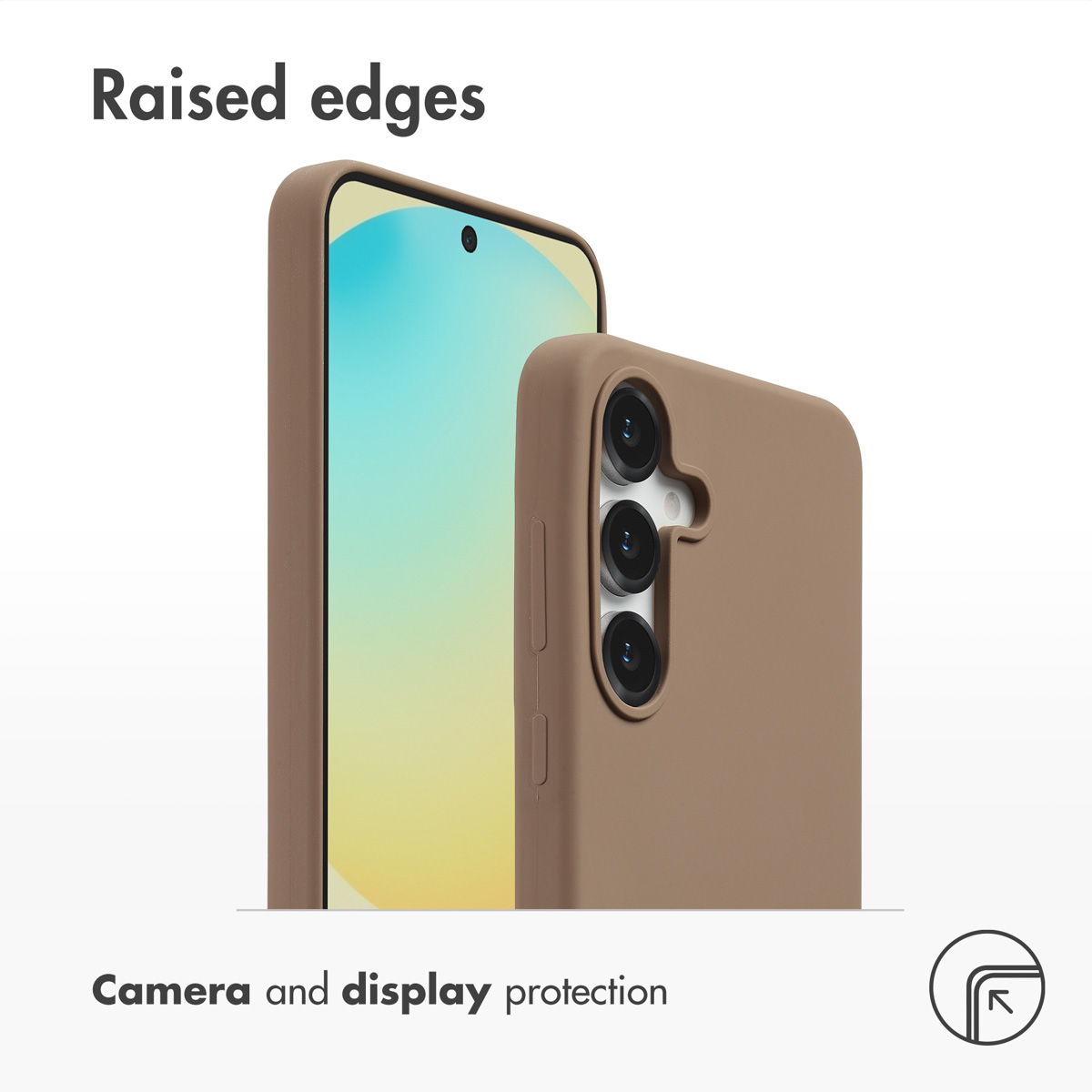 Cover marrone per smartphone con bordi rialzati per proteggere fotocamera e display.